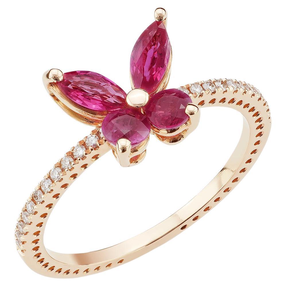 18 Carat Rose Gold, Ring with Diamonds and Rubies, Butterfly Collection For Sale