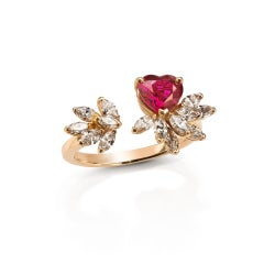 18 Carat Rose Gold, Ring with Diamonds and Ruby Heart Cut, Leonori Jewel