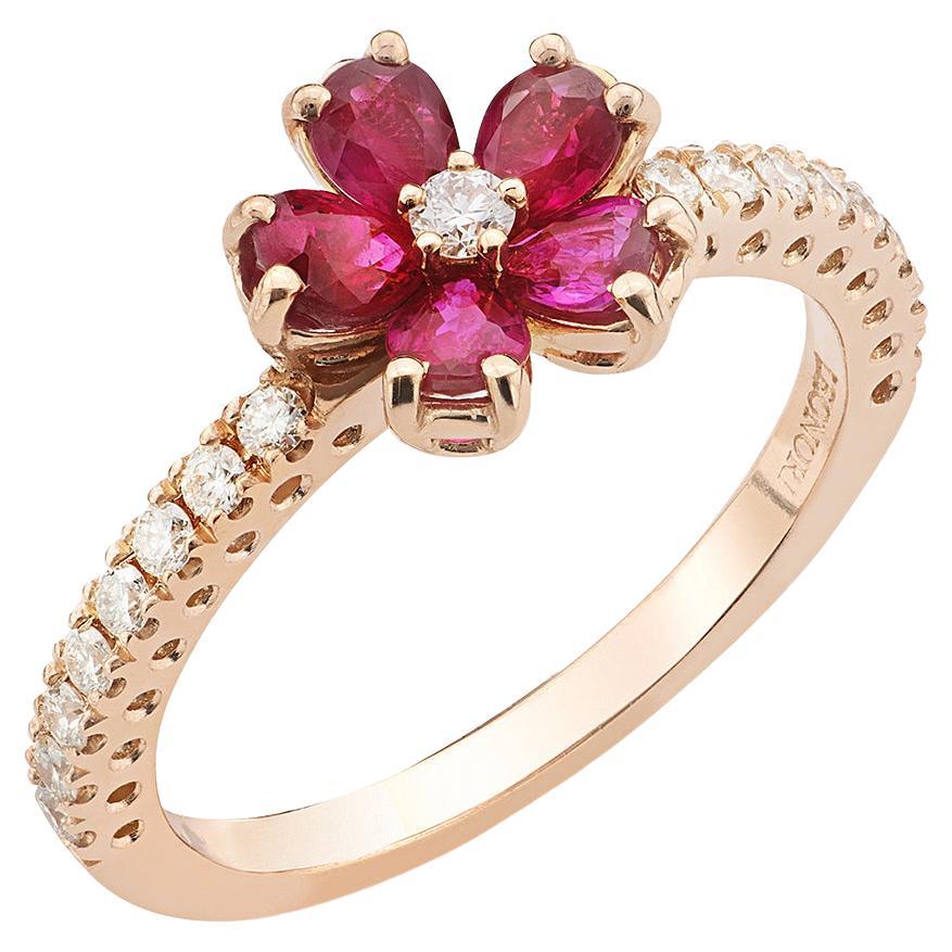 18 Carat Rose Gold, Rubies and Diamonds, Ring "Cherry Blossom", Flower Jewelry For Sale