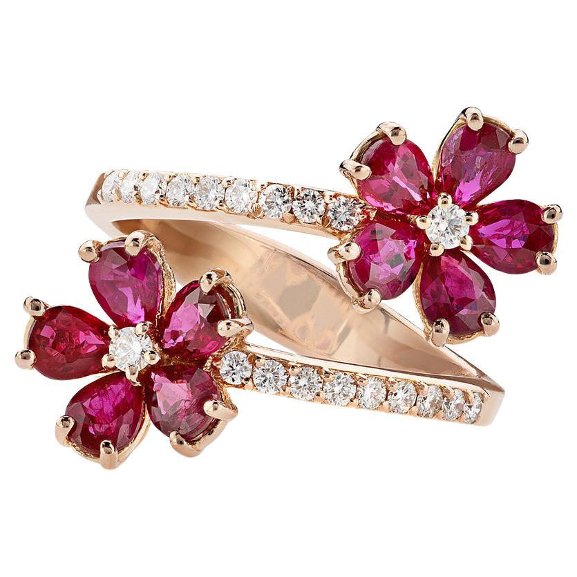 18 Carat Rose Gold, Rubies and Diamonds, Ring "double flower", Flower Jewelry For Sale