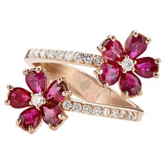 18 Carat Rose Gold, Rubies and Diamonds, Ring "double flower", Flower Jewelry