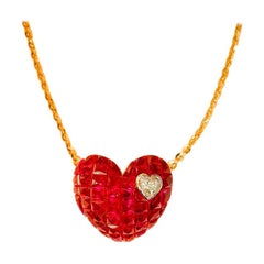 18 Carat Rose Gold Ruby and Diamond Heart Pendant Invisible Setting