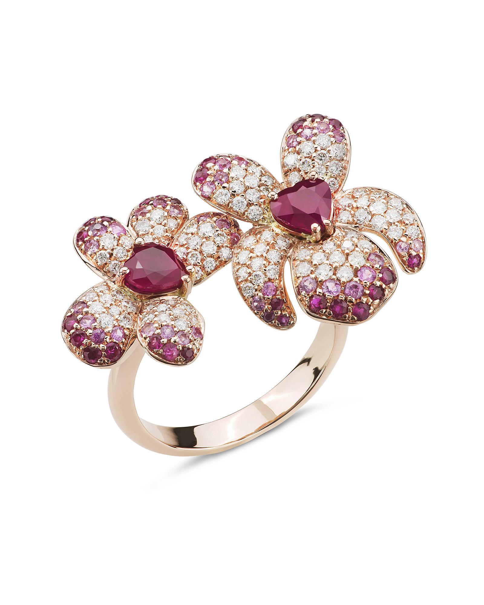 18 Karat Roségold, Violett-Ring mit Rubinen, Diamanten und rosa Saphiren (Herzschliff) im Angebot