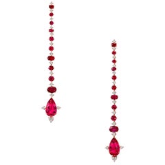 18 Carat Rose Gold White Diamonds Ruby Rubellite Pear Dangle Drop Earrings
