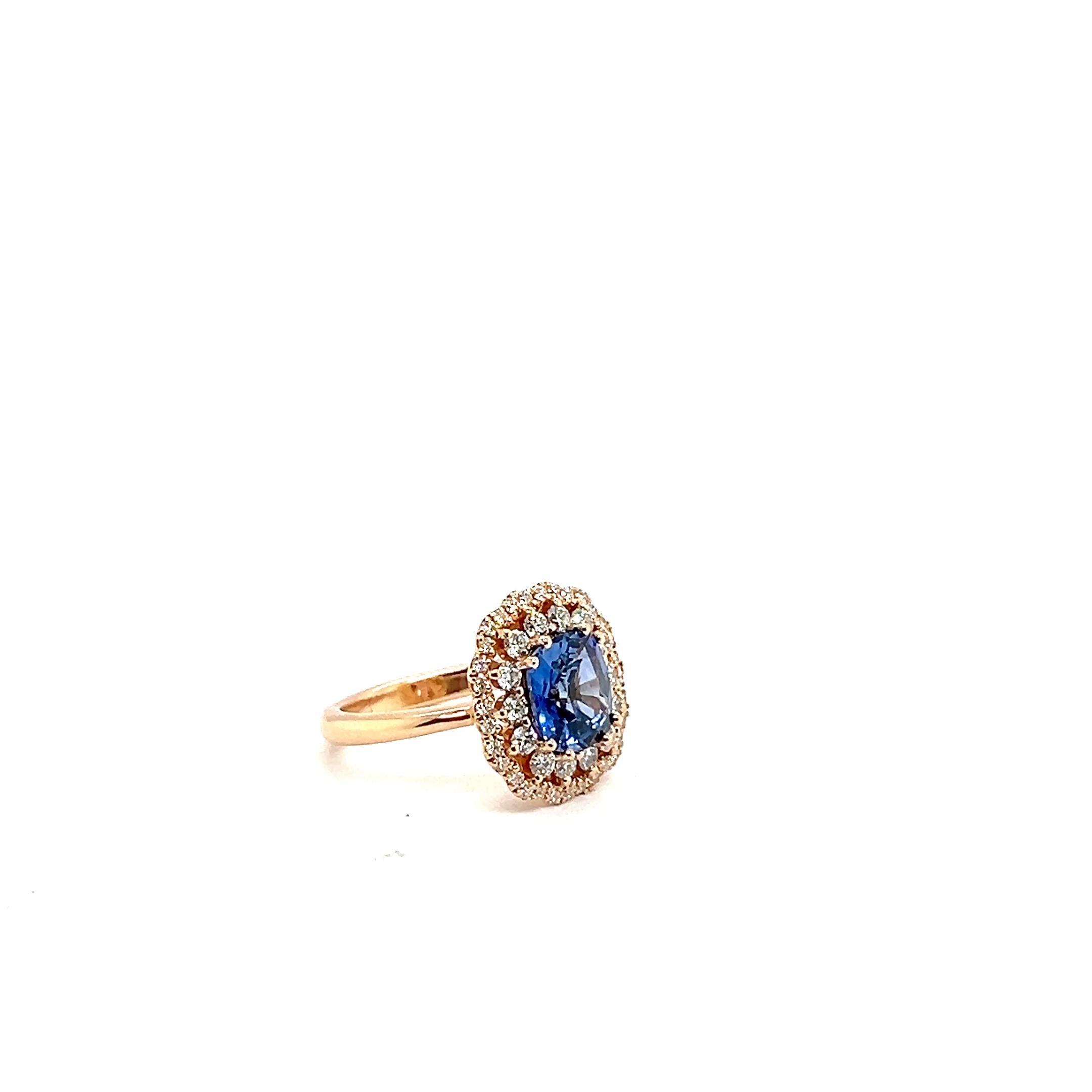 Contemporary 18 Carat Rose Gold with Cushion-Cut Ceylon Blue Sapphire and Diamonds Ring For Sale