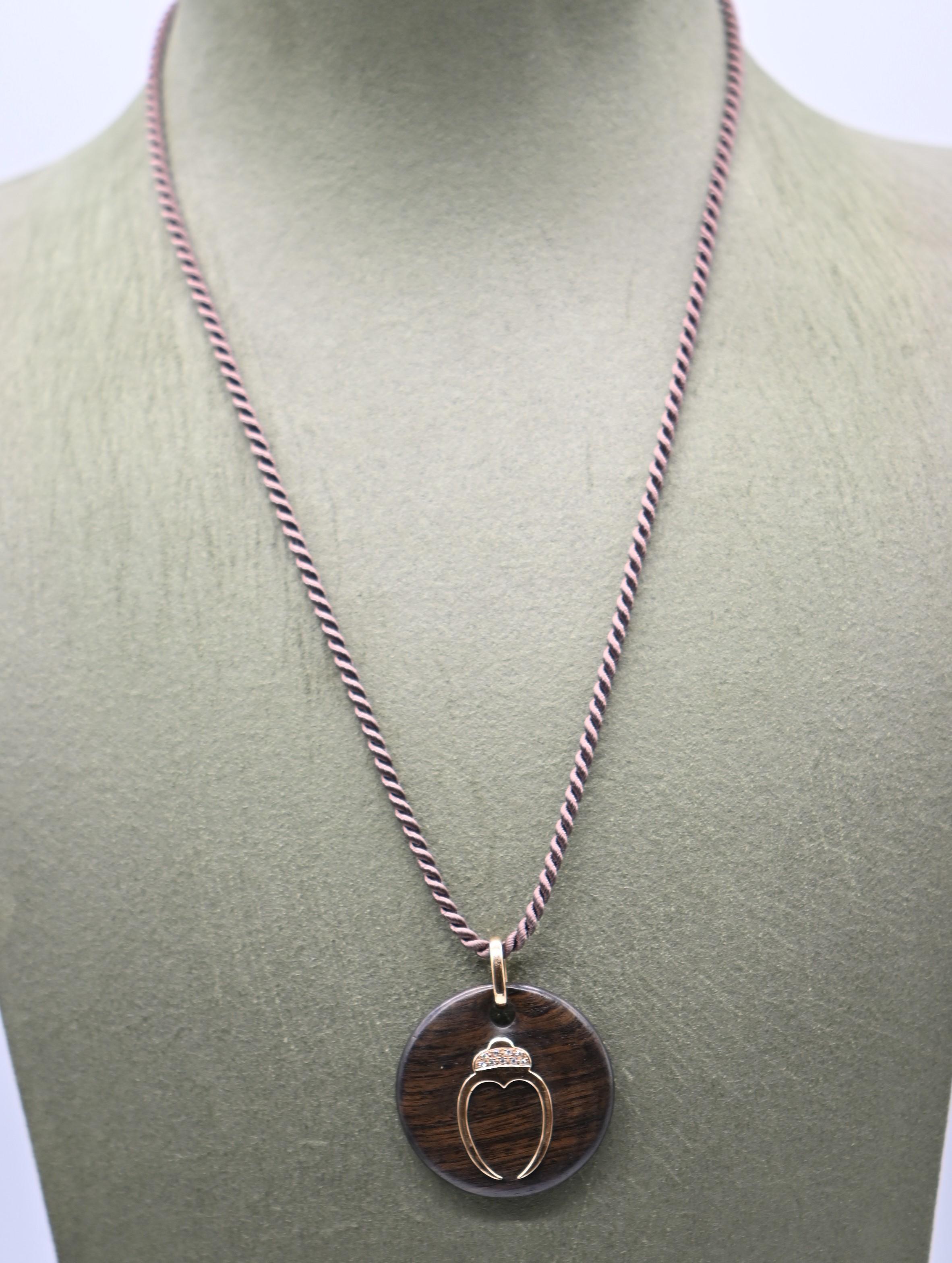 Artisan 18 Carat Rose Gold Wood Diamond Pendant Necklace For Sale