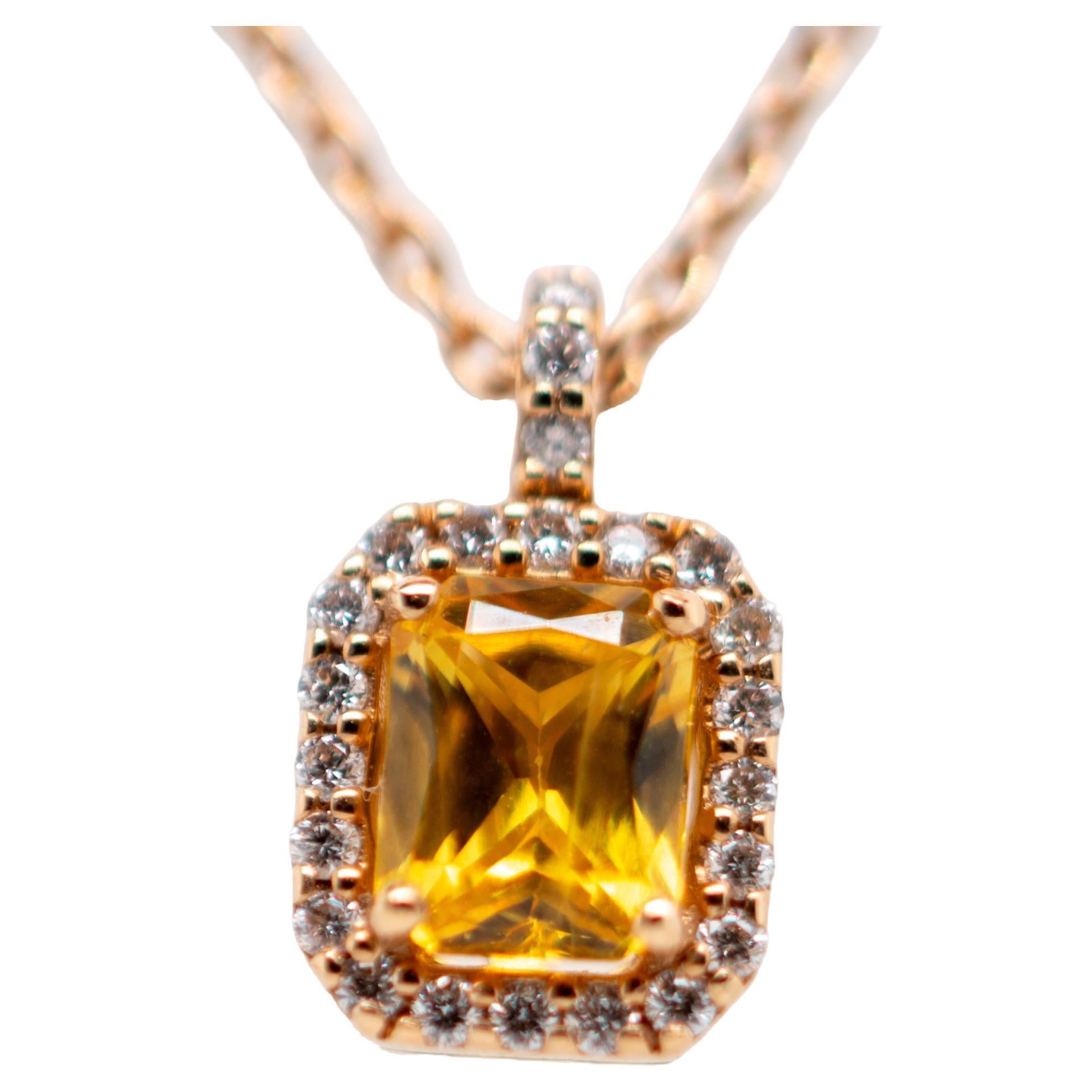 Cushion Cut 18 Carat Rose Gold Yellow Sapphire and Diamond Pendant For Sale