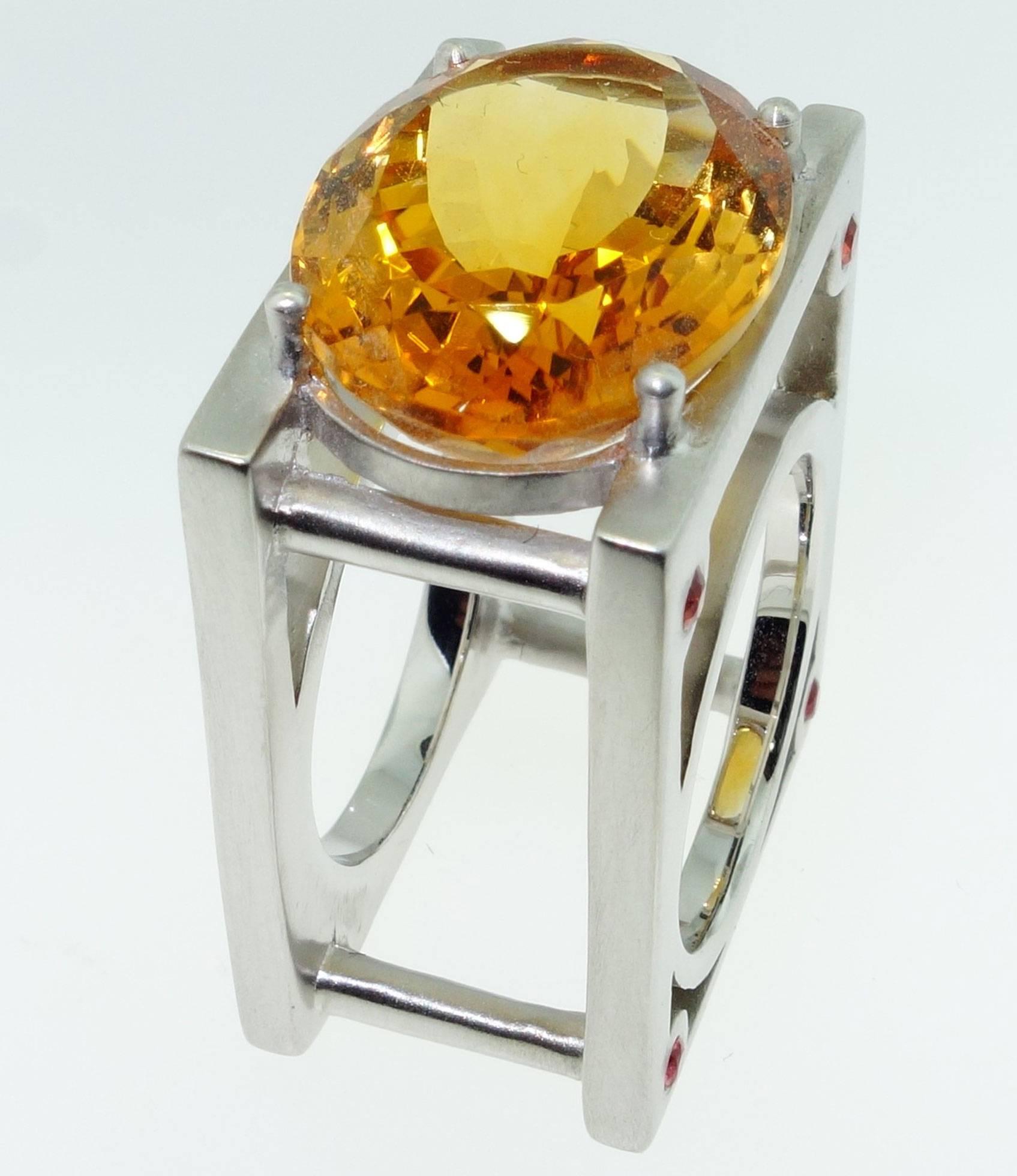 Modern 18 Carat Show Stopper Citrine and Sapphire Sterling Silver Statement Ring  For Sale