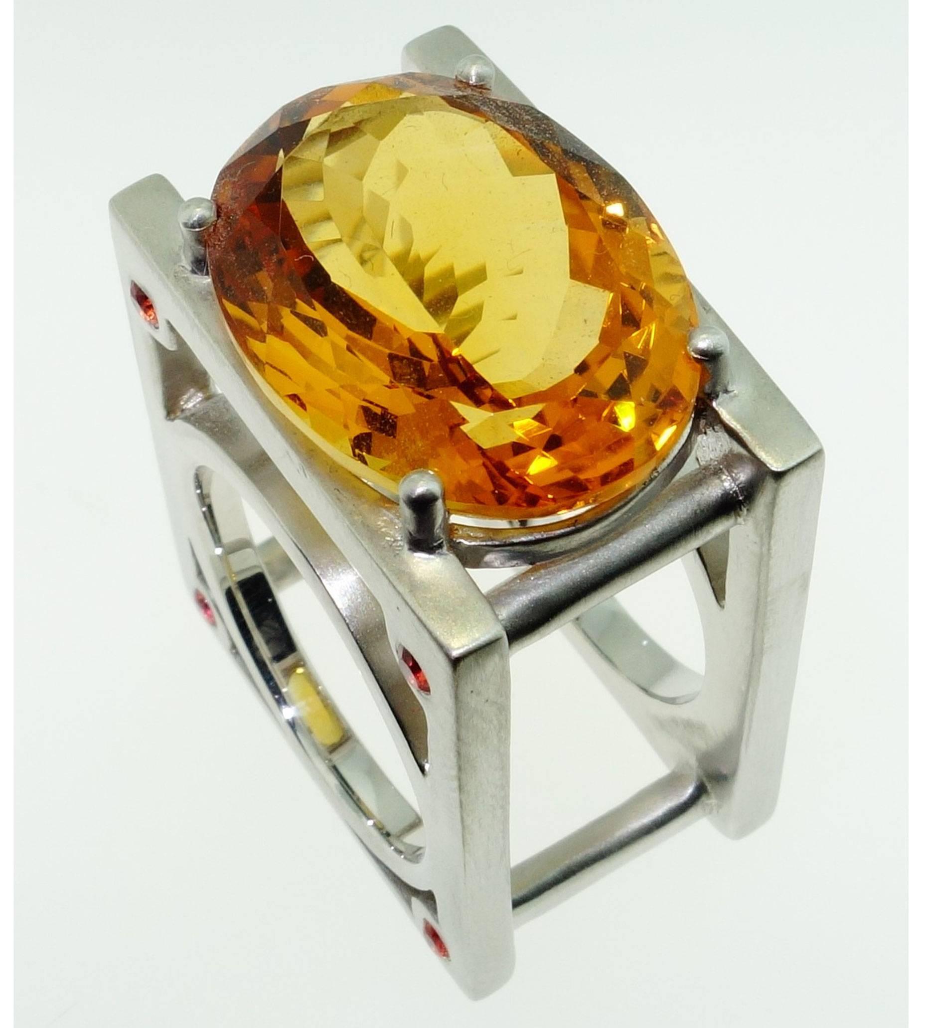 18 Carat Show Stopper Citrine and Sapphire Sterling Silver Statement Ring  In New Condition For Sale In Montreal, QC