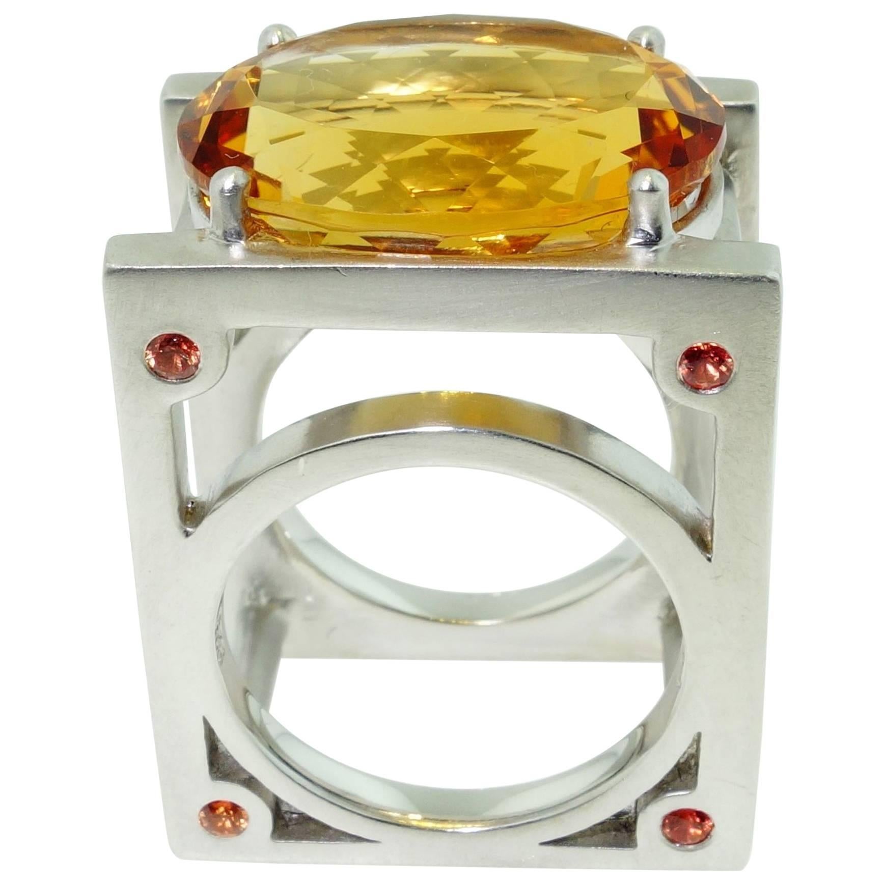 18 Carat Show Stopper Citrine and Sapphire Sterling Silver Statement Ring  For Sale