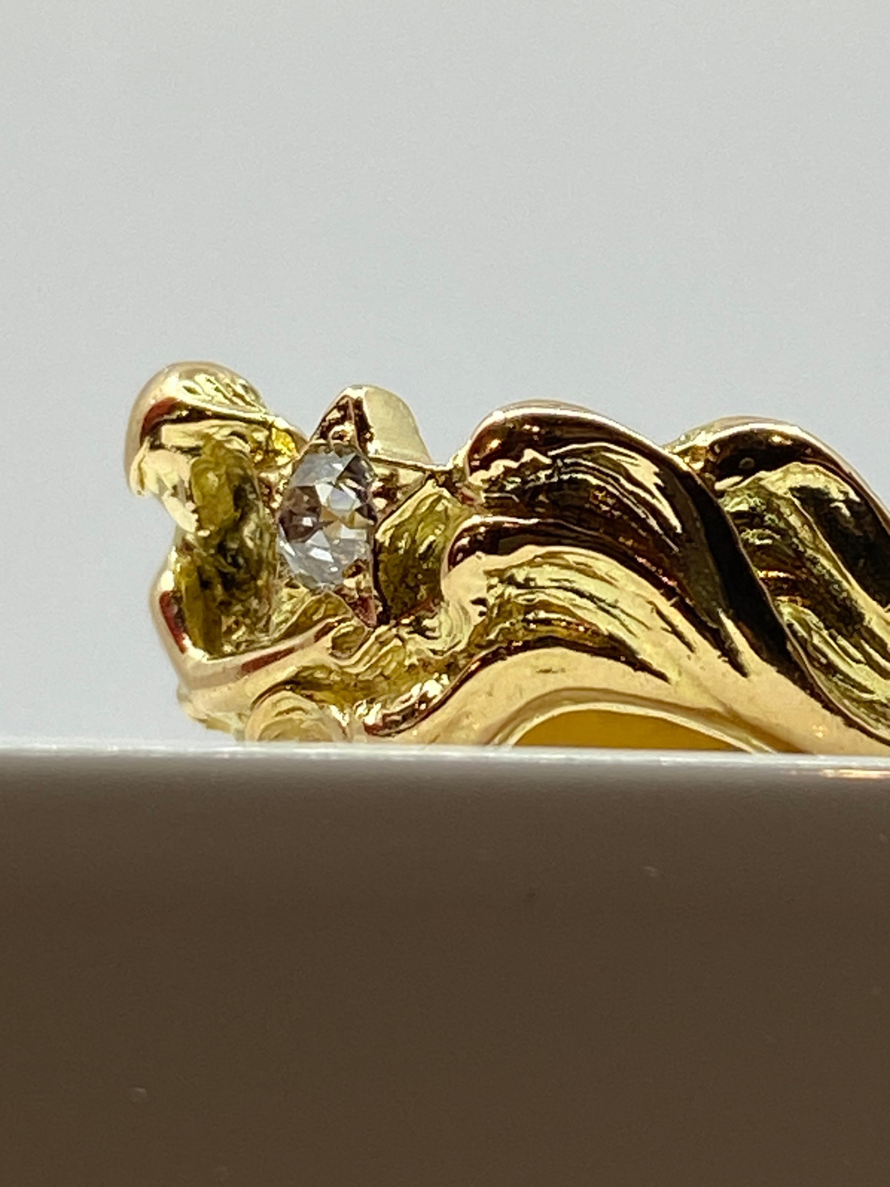 Art Nouveau 18 Carat Solid Gold Ring :Woman Braving the Wawes and Holding a Diamond Starfish
