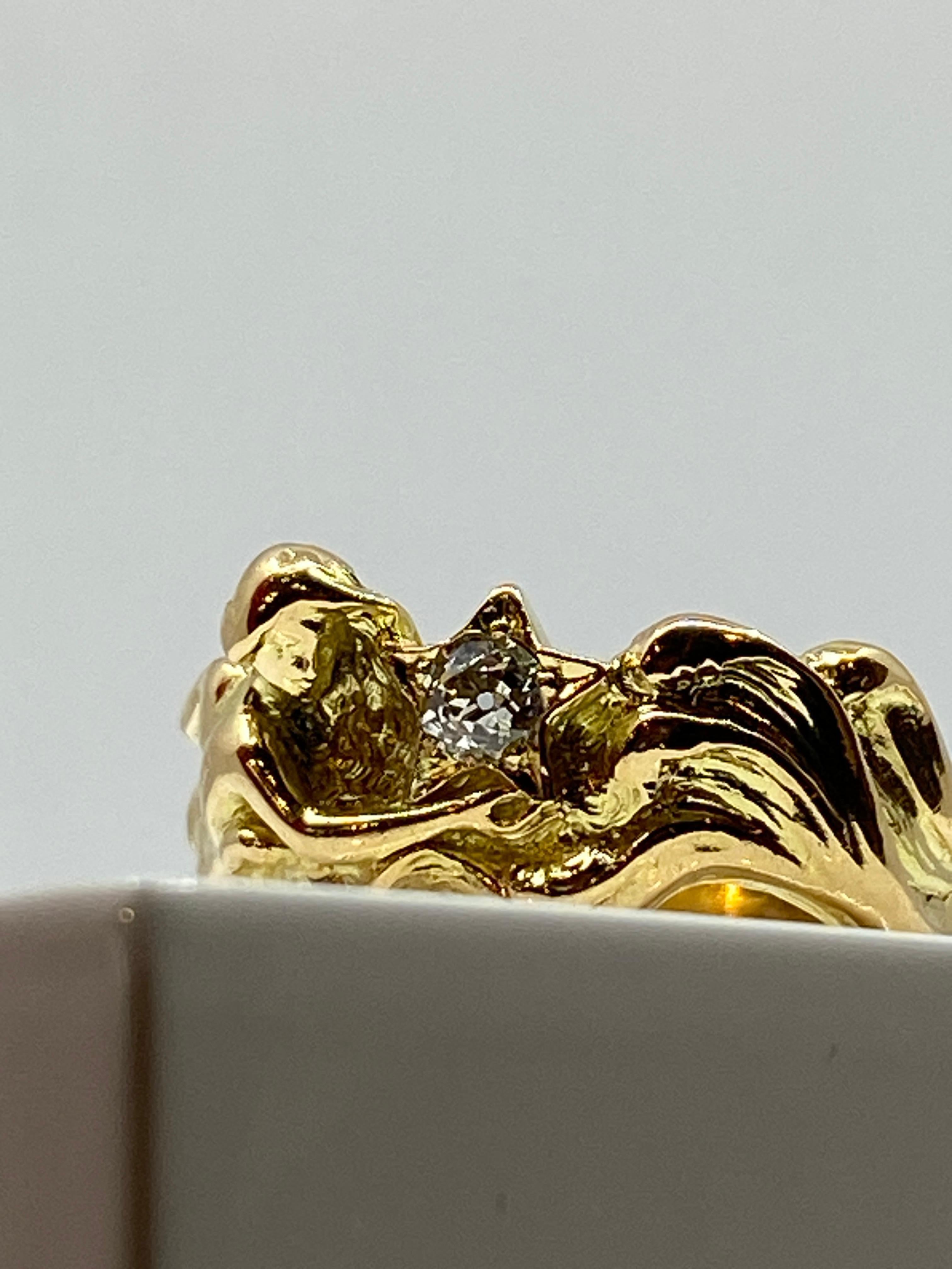 Round Cut 18 Carat Solid Gold Ring :Woman Braving the Wawes and Holding a Diamond Starfish