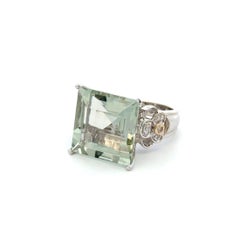 18 Carat Square Prasiolite Quartz and Diamond Gold Vintage Solitaire Ring