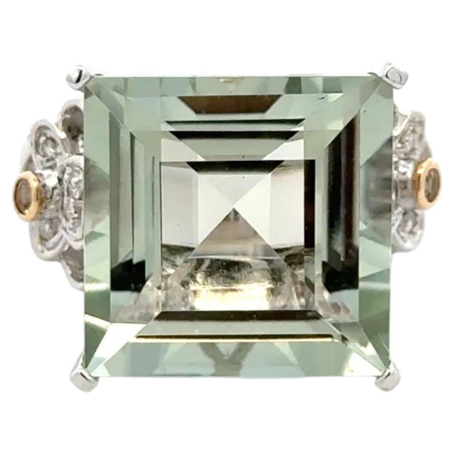 18 Carat Square Prasiolite Quartz and Diamond Gold Vintage Solitaire Ring For Sale