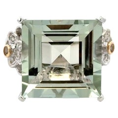 18 Carat Square Prasiolite Quartz and Diamond Gold Vintage Solitaire Ring