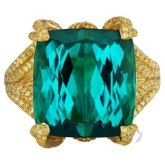 18 Carat Teal Indicolite Tourmaline and Yellow Diamond Ombre Cocktail Ring