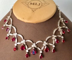 18 Carat Tear Drop Rubelite and Diamonds Necklace 14 Karat White Gold