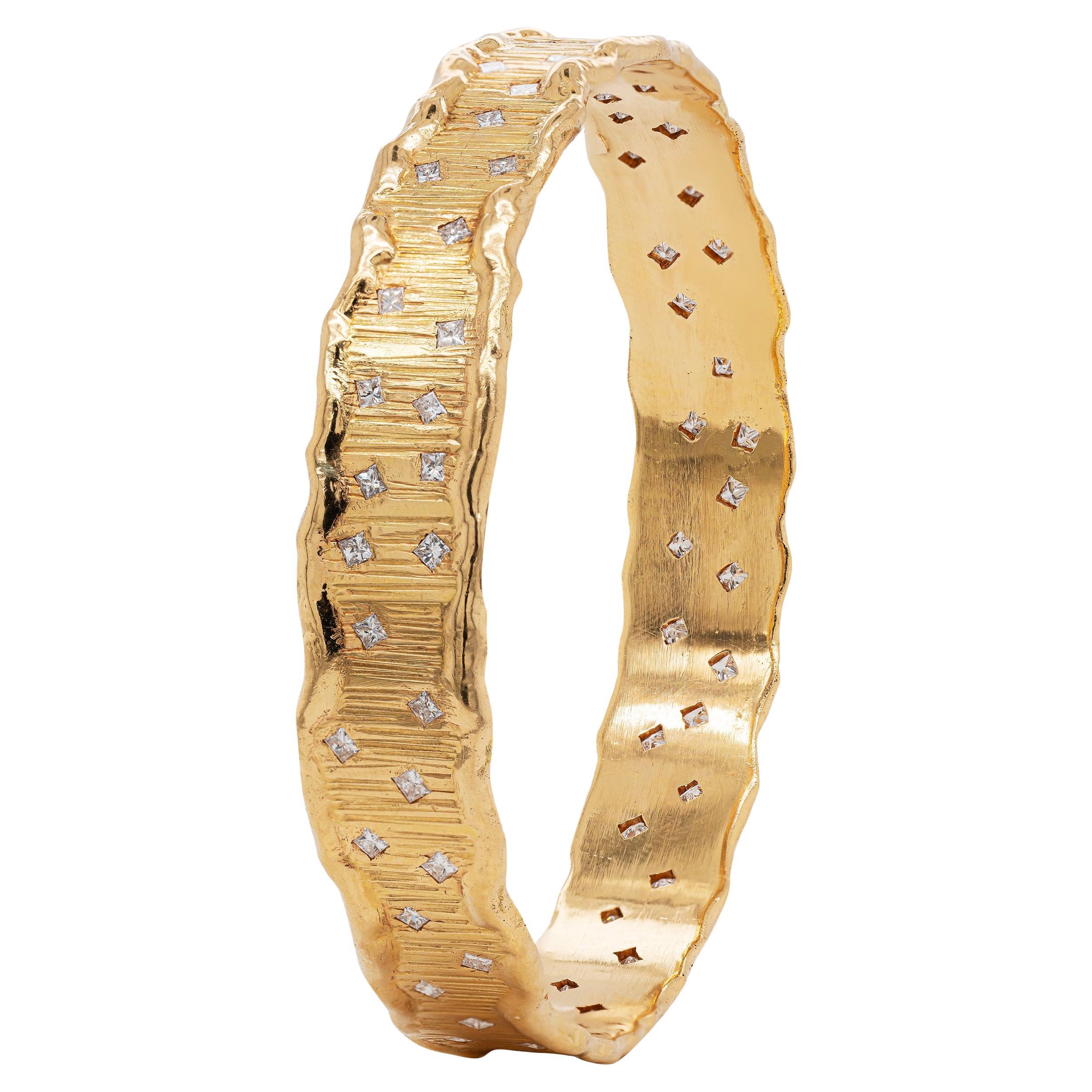 18 Carat Textured Yellow Gold Diamond Bangle Bracelet For Sale