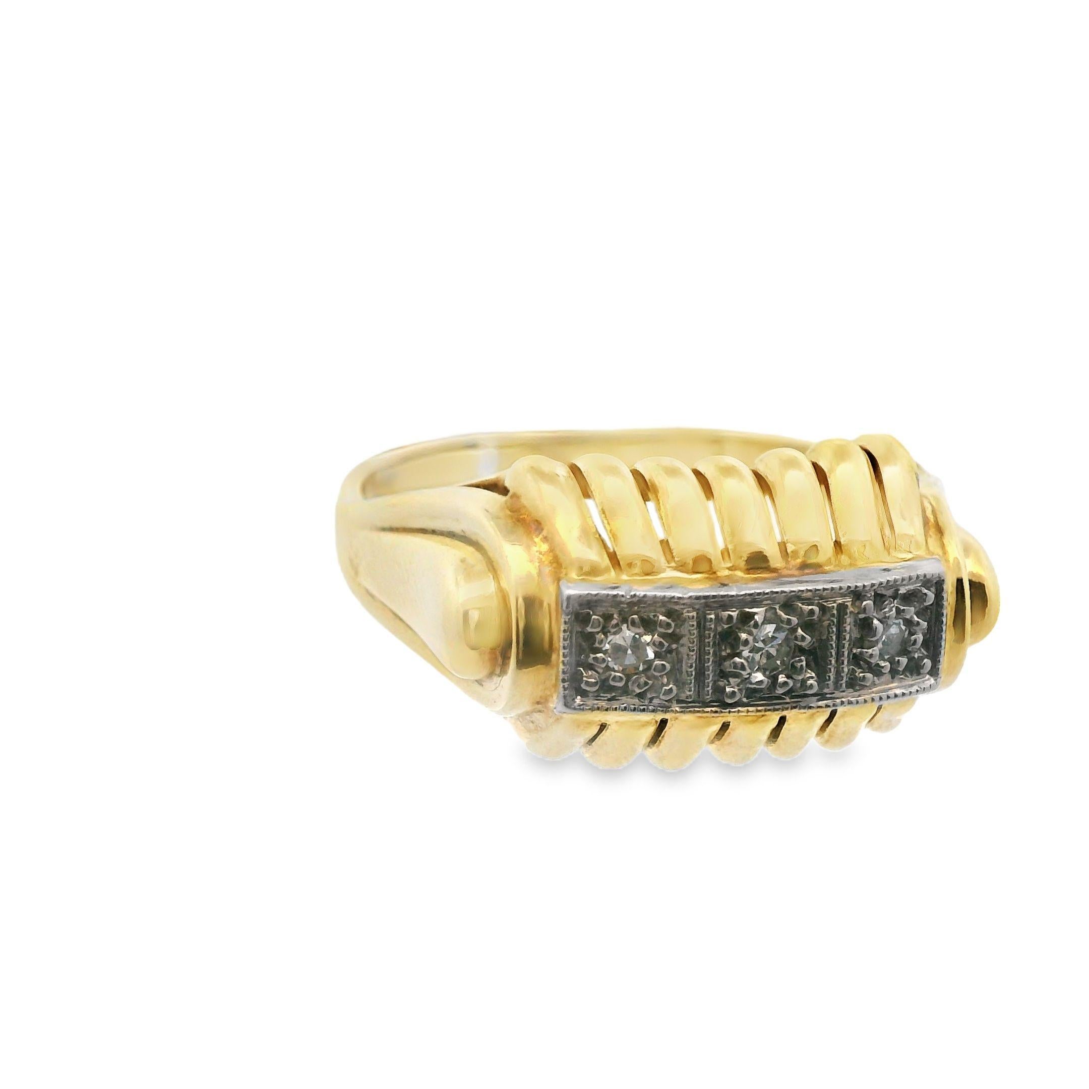 Round Cut .18 Carat Three Stone Diamond Ring in 14k Yellow Gold Mid Century Modern For Sale