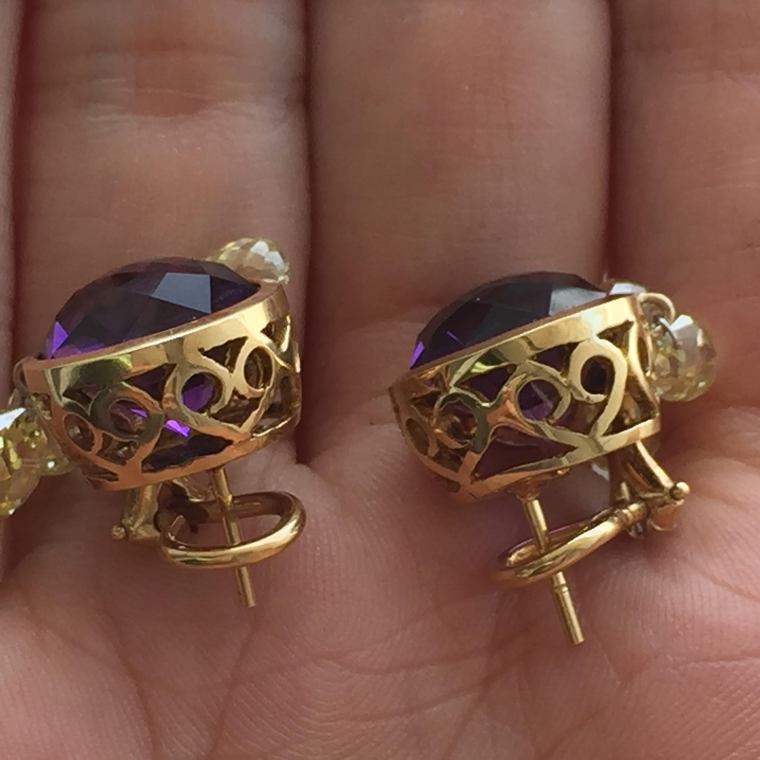Contemporary 18 Carat Tw Amethyst and Yellow Diamond Briolettes Earrings For Sale