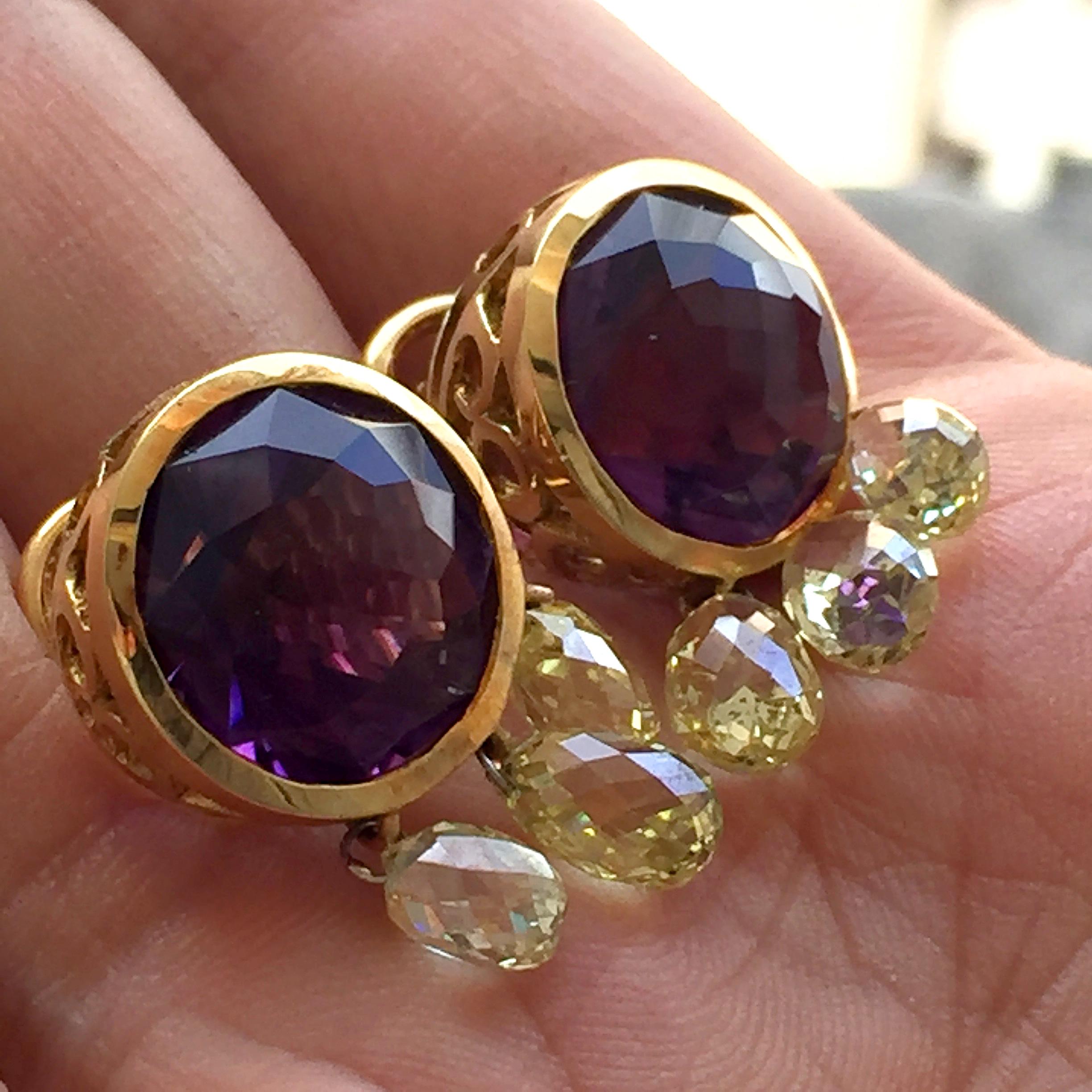 Round Cut 18 Carat Tw Amethyst and Yellow Diamond Briolettes Earrings For Sale