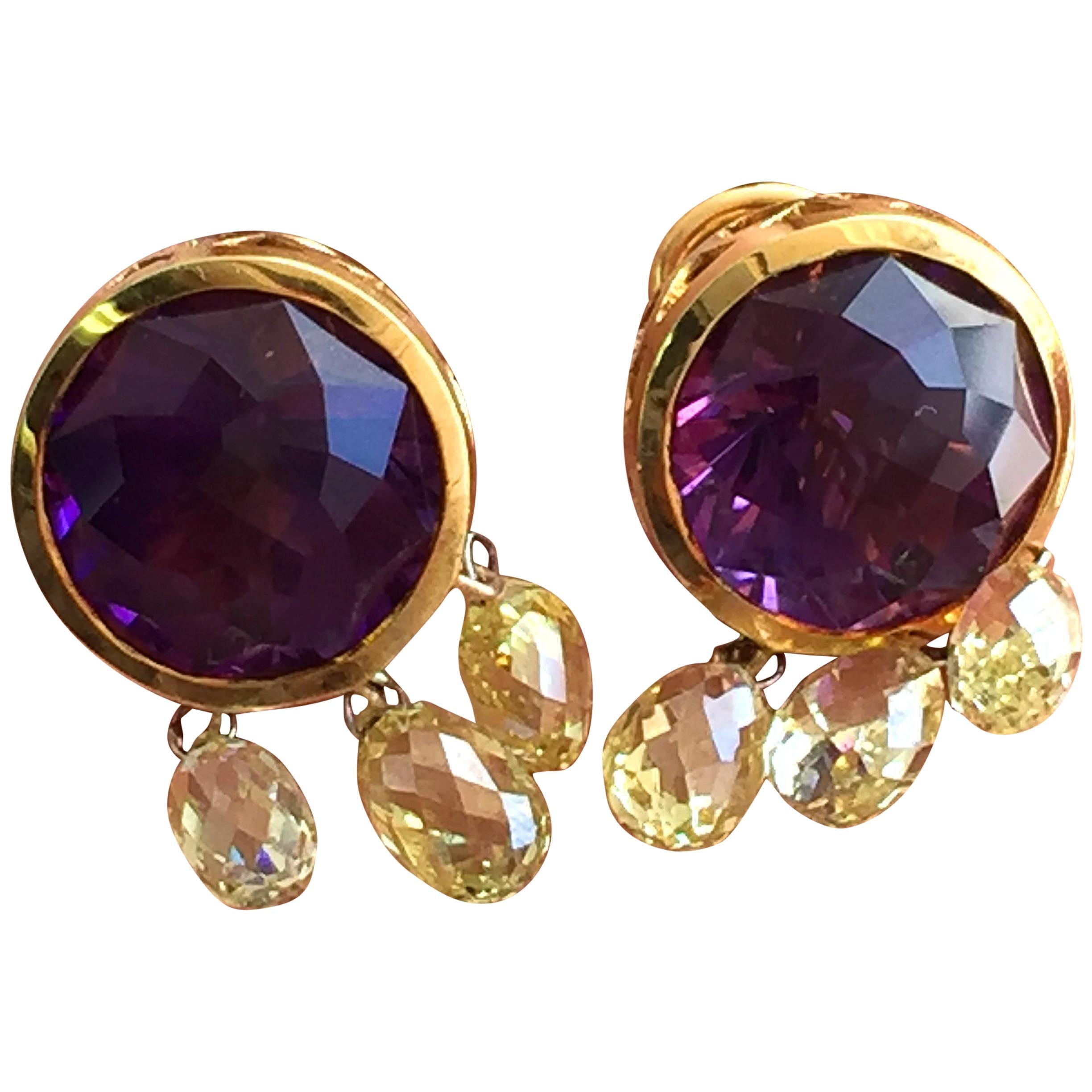 18 Carat Tw Amethyst and Yellow Diamond Briolettes Earrings For Sale