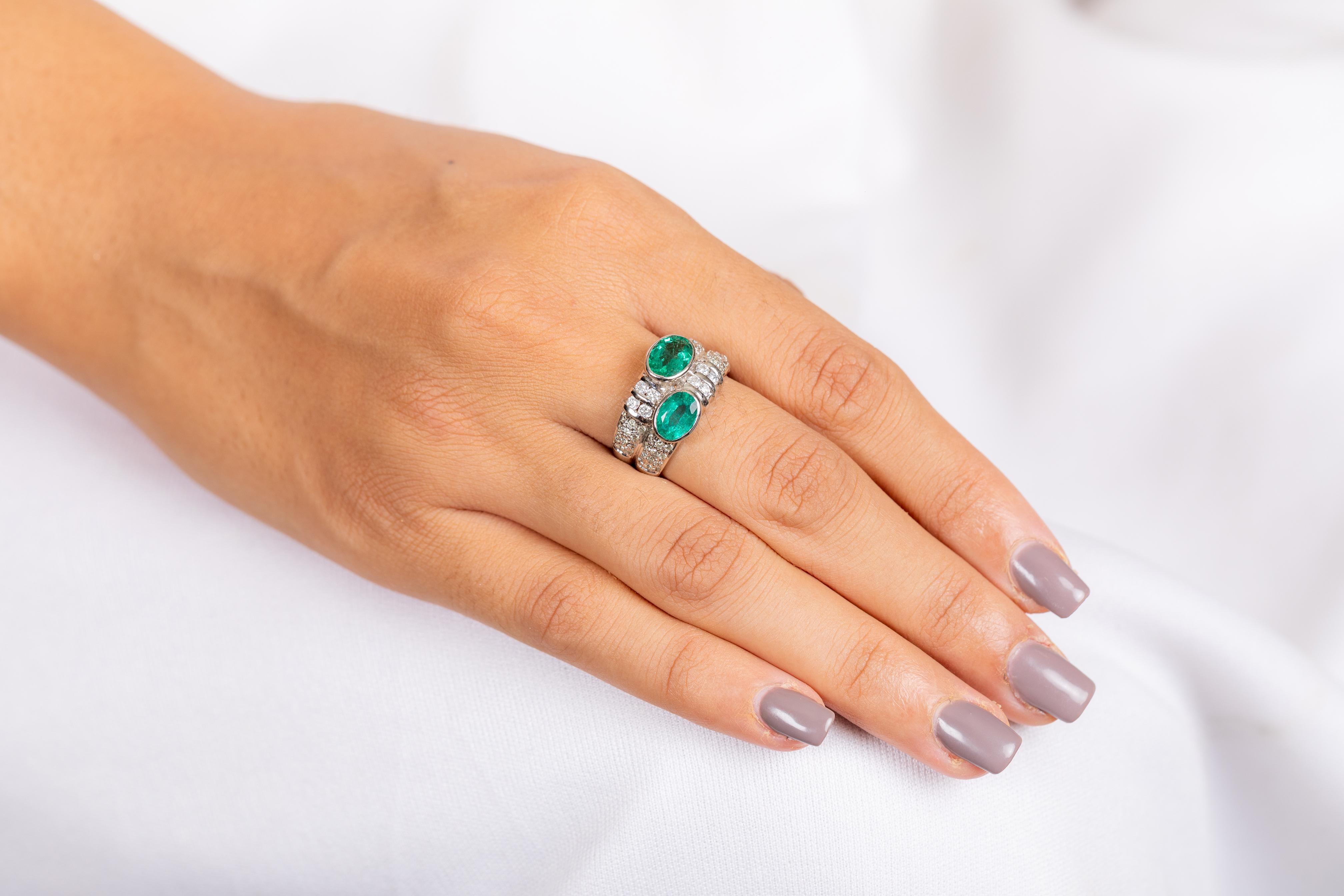 For Sale:  1.8 Carat Two Stone Emerald with Diamond Cocktail Ring in 18 Karat White Gold 2