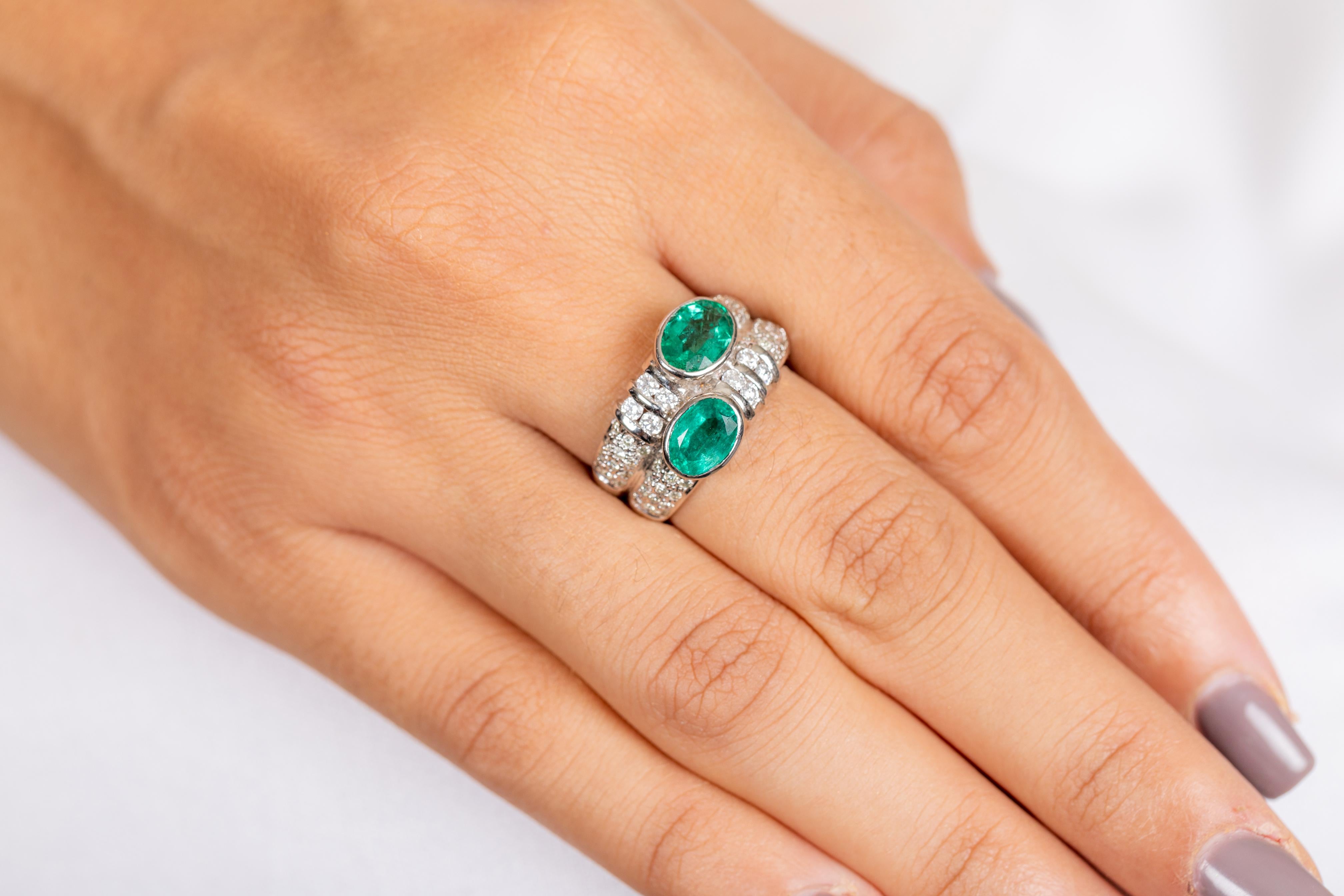 For Sale:  1.8 Carat Two Stone Emerald with Diamond Cocktail Ring in 18 Karat White Gold 4
