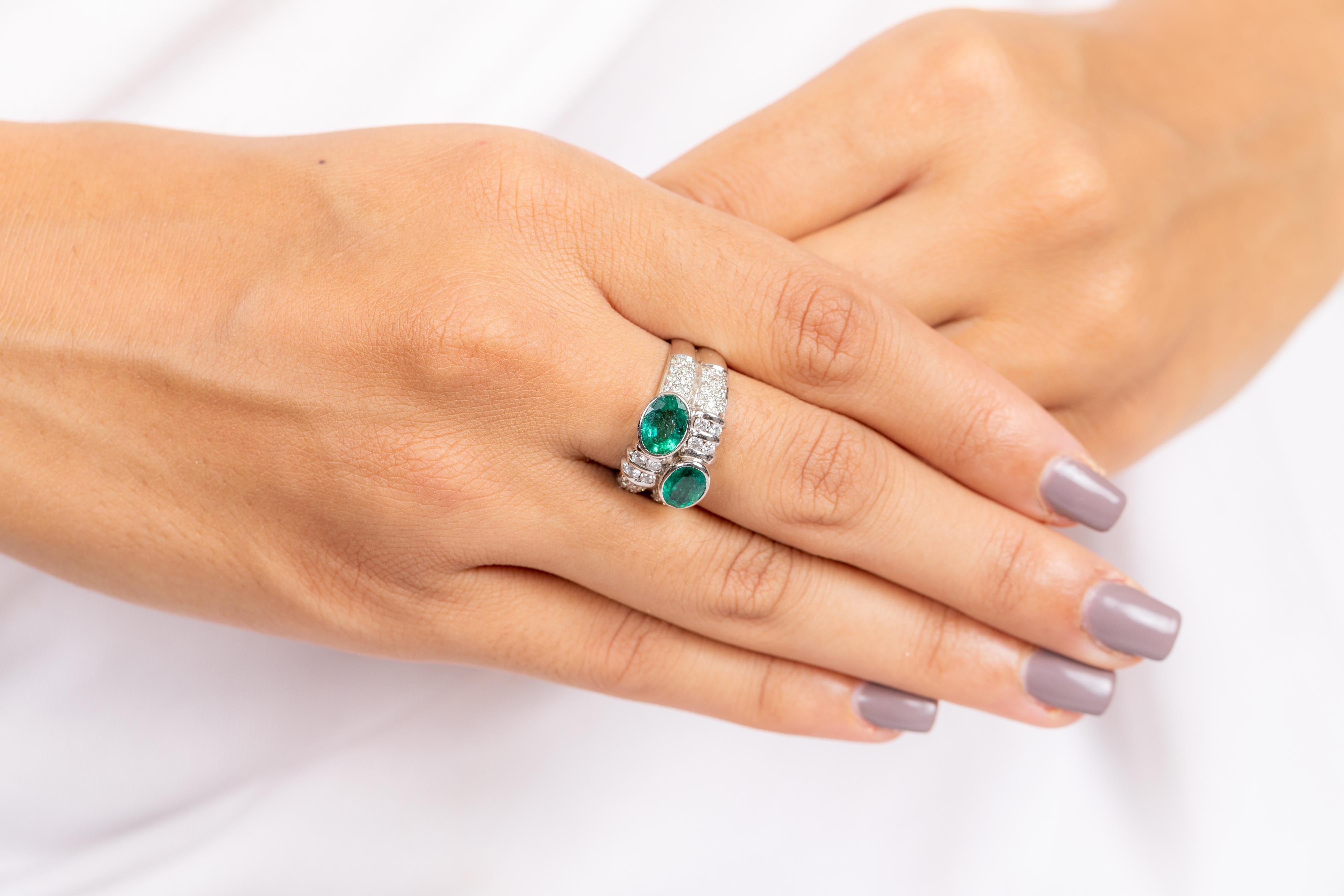 For Sale:  1.8 Carat Two Stone Emerald with Diamond Cocktail Ring in 18 Karat White Gold 6
