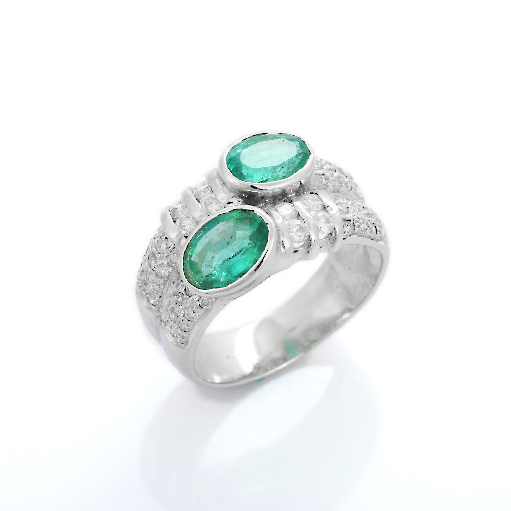 For Sale:  1.8 Carat Two Stone Emerald with Diamond Cocktail Ring in 18 Karat White Gold 7