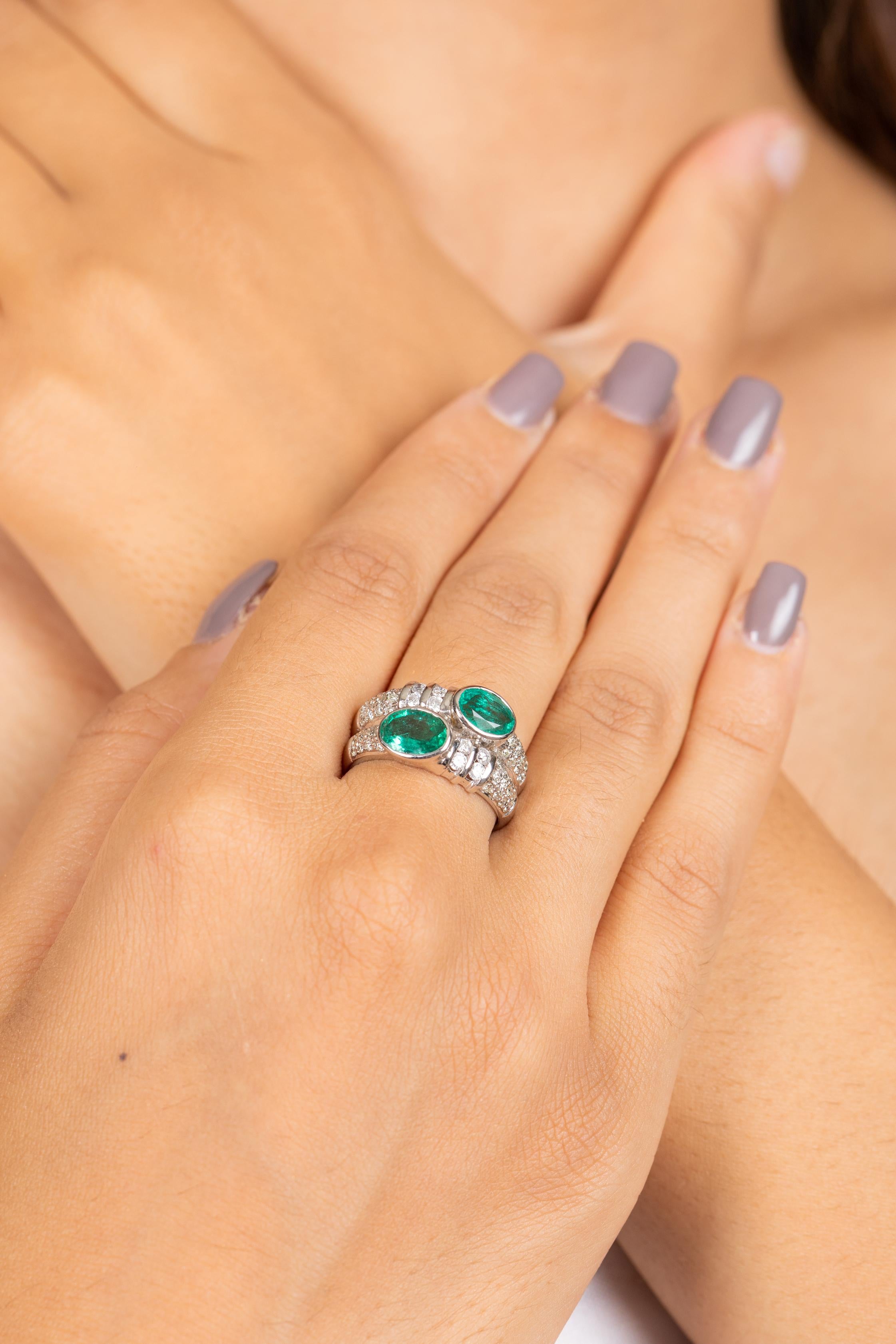 For Sale:  1.8 Carat Two Stone Emerald with Diamond Cocktail Ring in 18 Karat White Gold 8