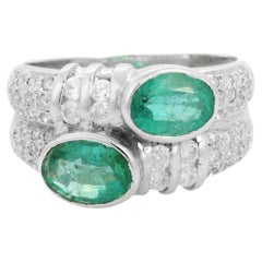1.8 Carat Two Stone Emerald with Diamond Cocktail Ring in 18 Karat White Gold