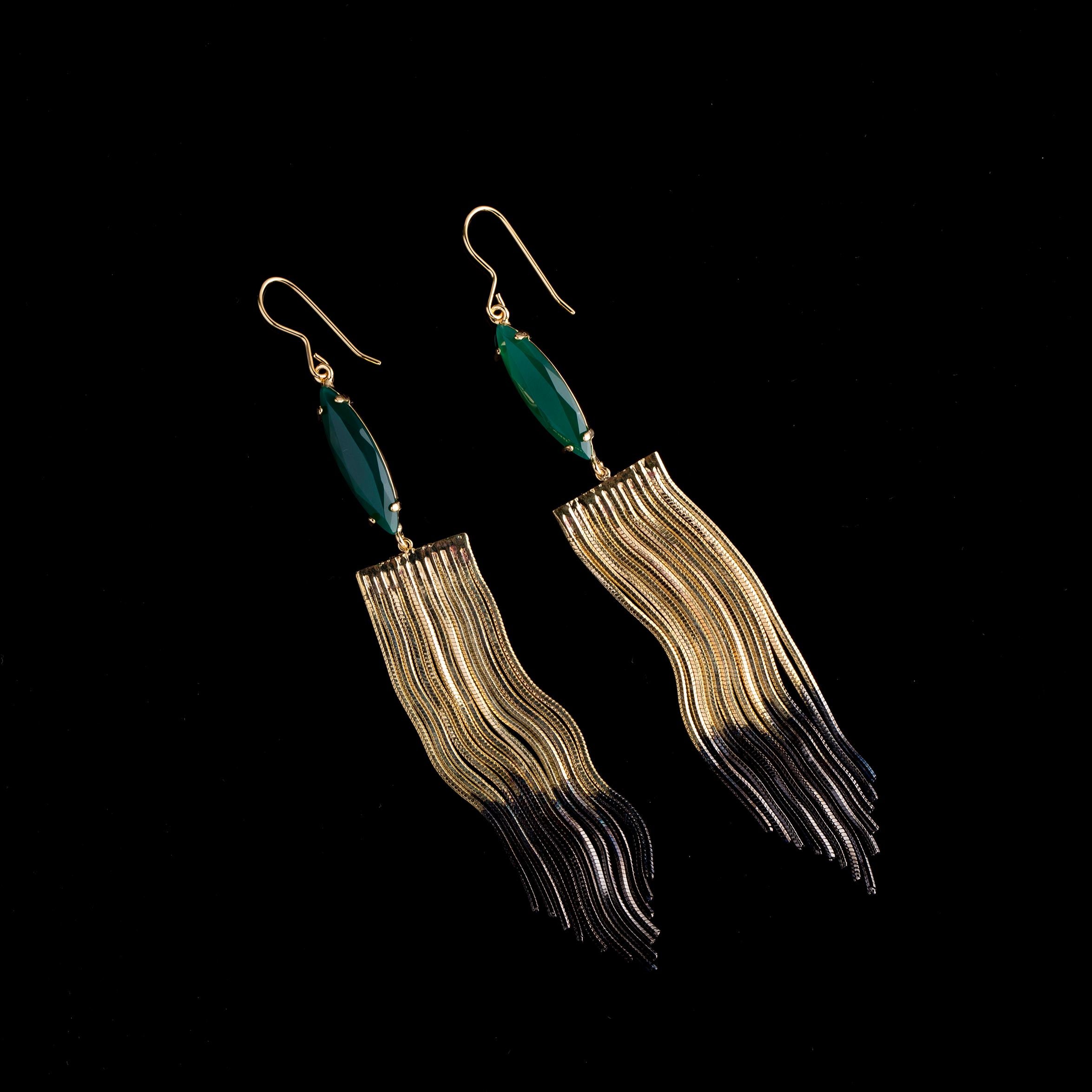 Contemporary 18 Carat Two Tones Gold Plated Fringed Earrings, Agate Navettes from IOSSELLIANI For Sale