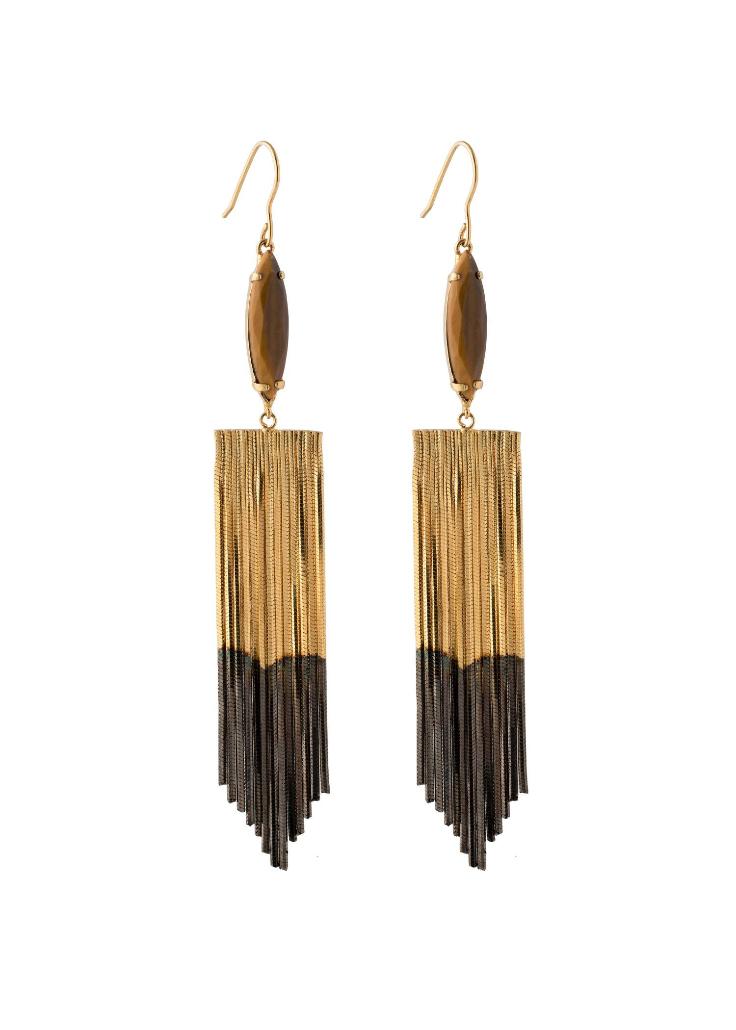 Marquise Cut 18 Carat Two Tones Gold Plated Fringed Earrings, Agate Navettes from IOSSELLIANI For Sale