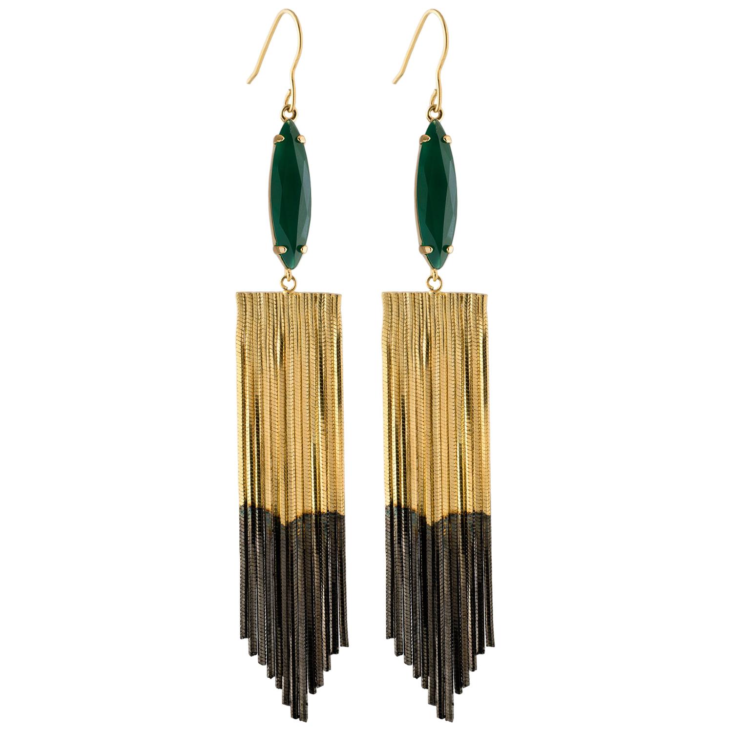 18 Carat Two Tones Gold Plated Fringed Earrings, Agate Navettes from IOSSELLIANI For Sale