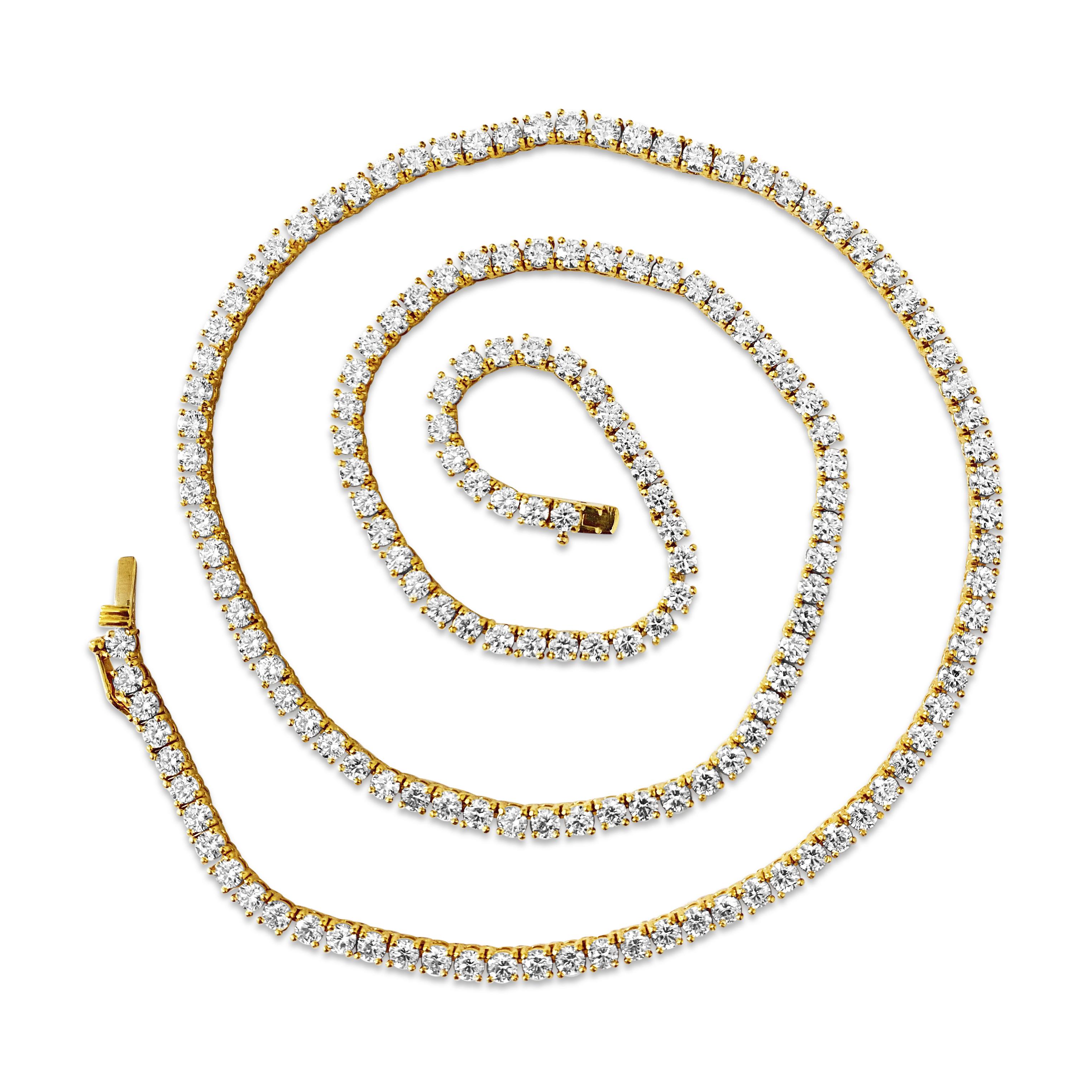 This necklace is made of 14-karat yellow gold. It has a total of 18 carats of diamonds, which are clear and shiny. The diamonds are cut in a round and brilliant way, each measuring 3.2mm. There are 128 diamonds in total, securely set with prongs.