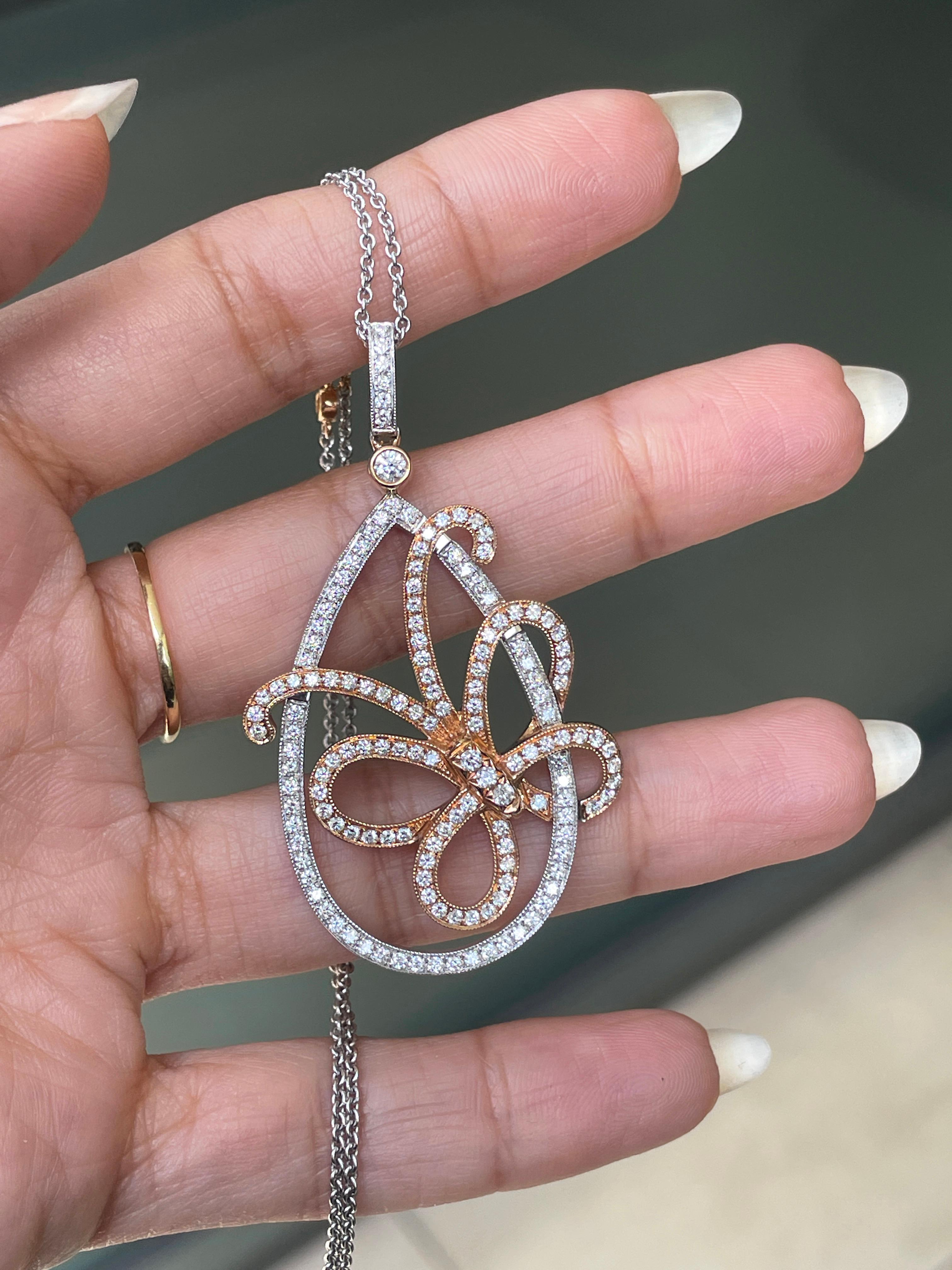 Modern 18 Carat White and Rose Gold Diamond Butterfly Pendant and Chain For Sale