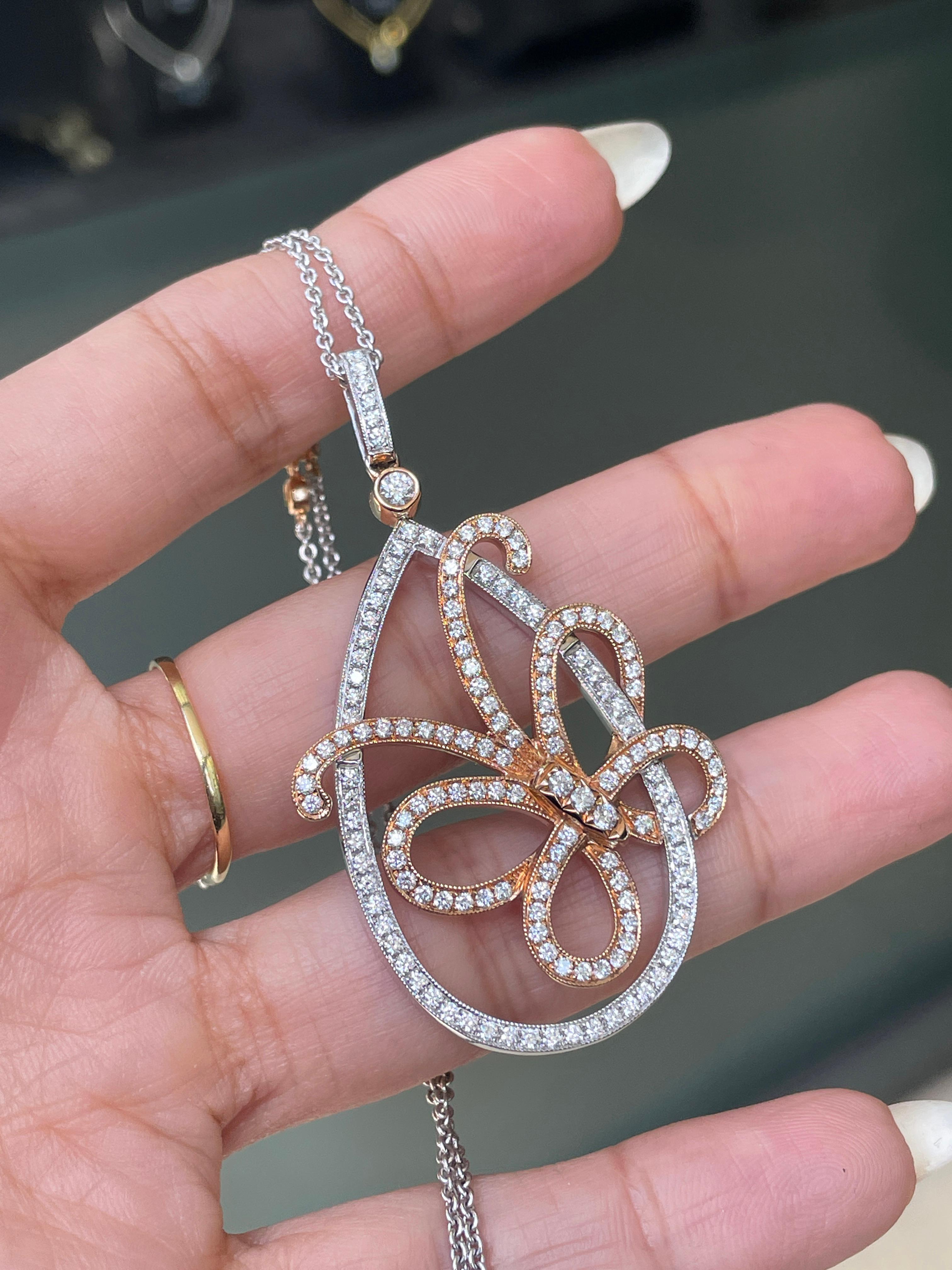 Brilliant Cut 18 Carat White and Rose Gold Diamond Butterfly Pendant and Chain For Sale