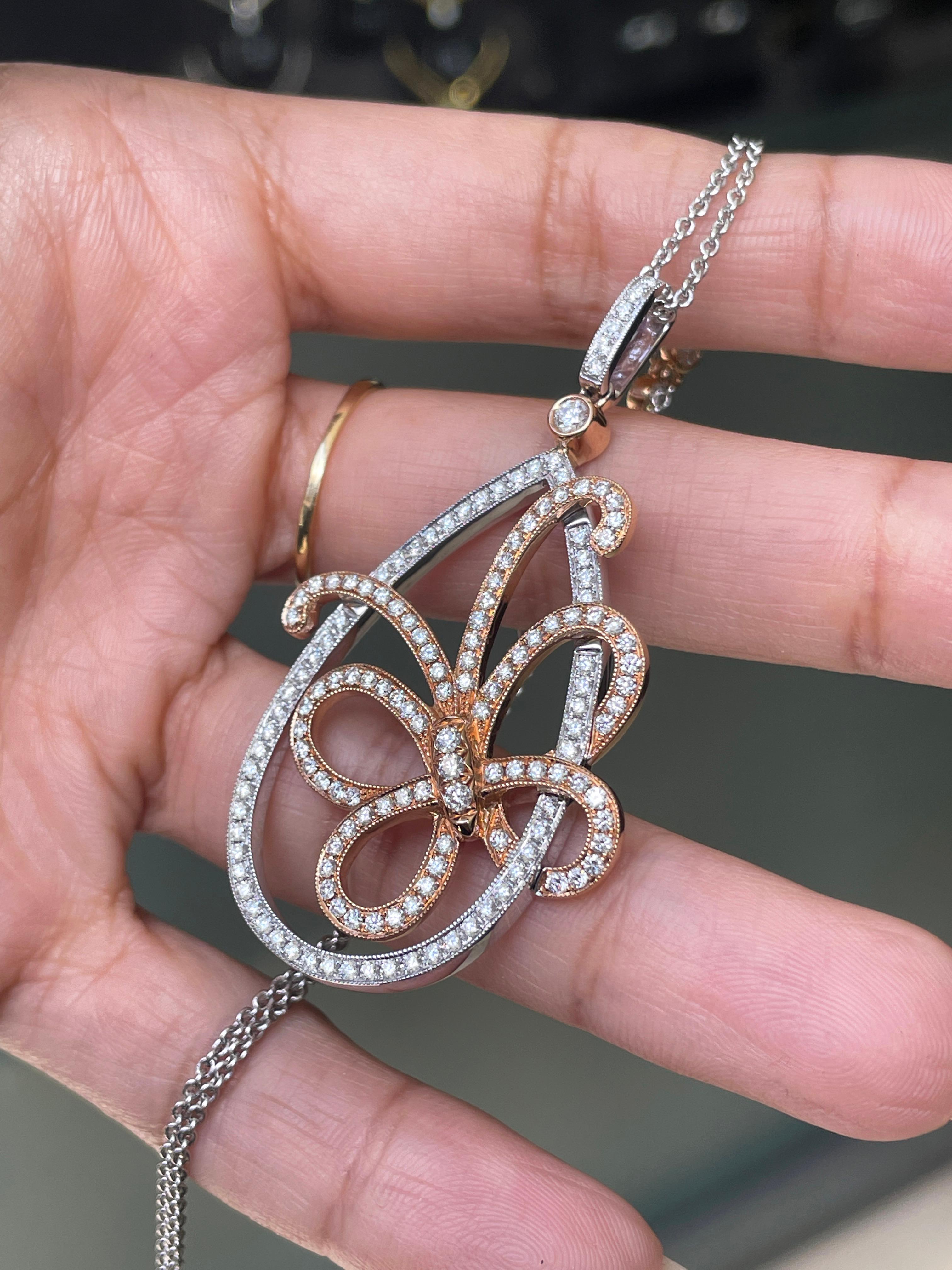 18 Carat White and Rose Gold Diamond Butterfly Pendant and Chain In Excellent Condition For Sale In London, GB