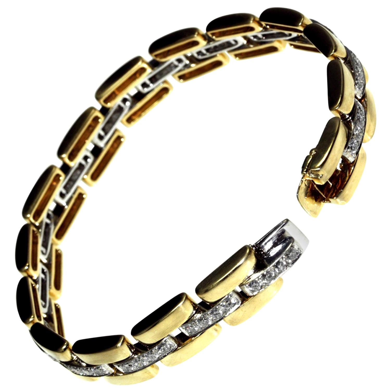 18 Carat White and Yellow Gold Diamond Pave Link Chain Bracelet