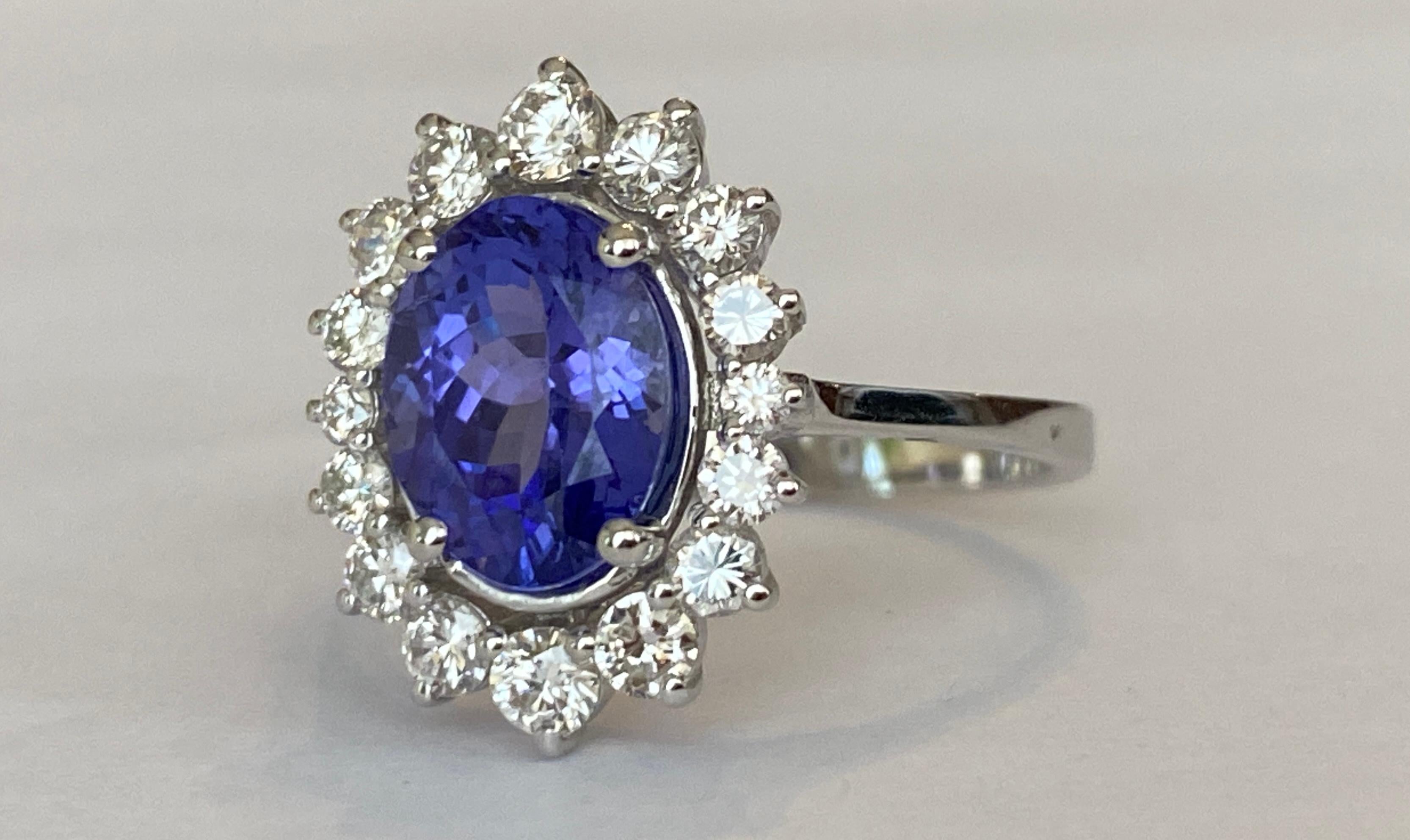 Oval Cut ALGT Certified 18 Carat White Gold Tanzanite Diamond  Diana Cocktail Ring For Sale