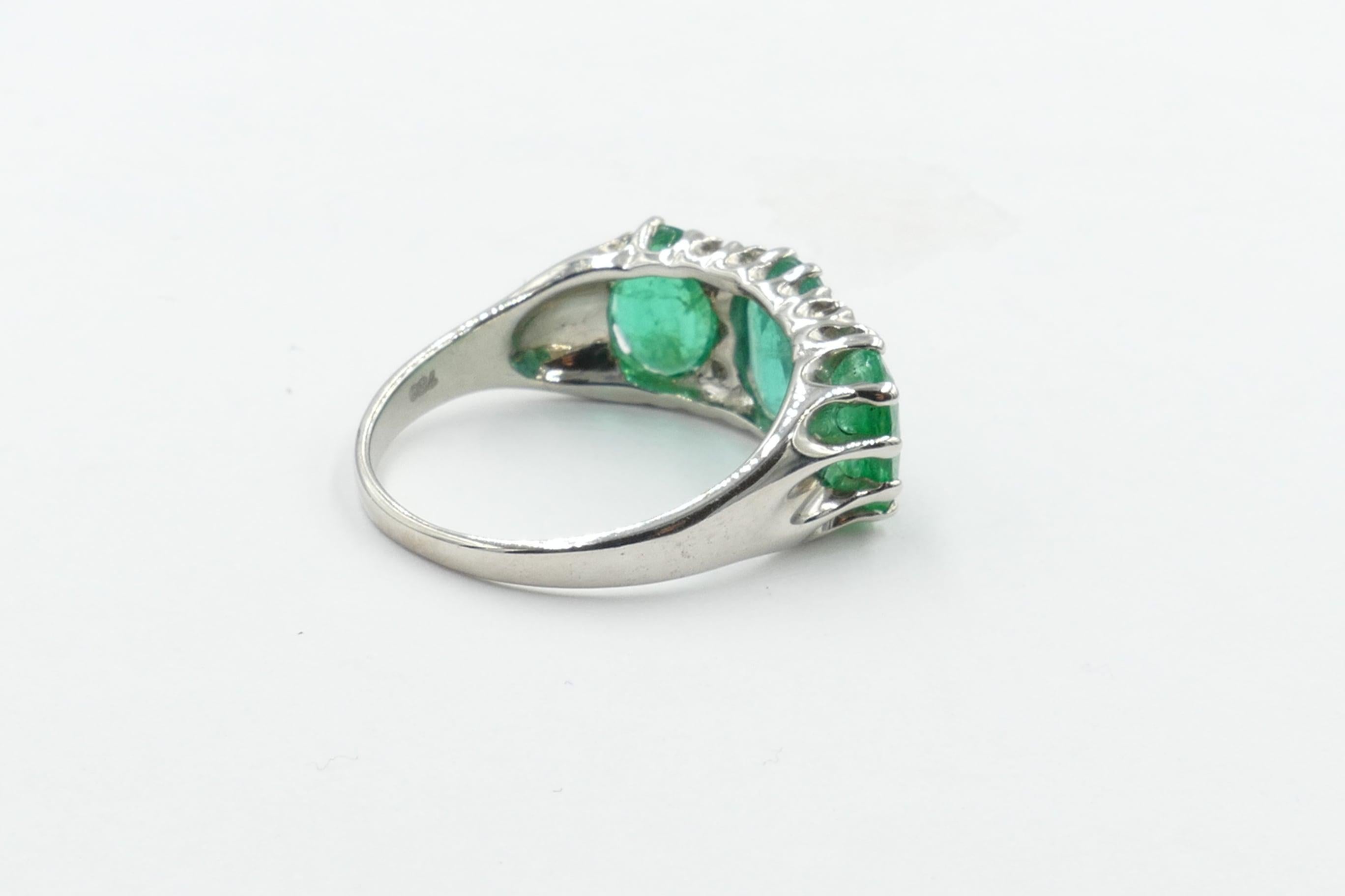 Victorian 18 Carat White Gold 3 Emerald and Diamond Bridge Ring