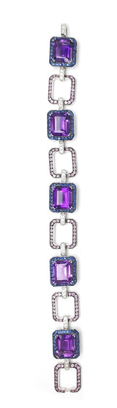 18 Carat White Gold Amethyst Bracelet with Blue-Lilac, Pink Corunds and Diamonds