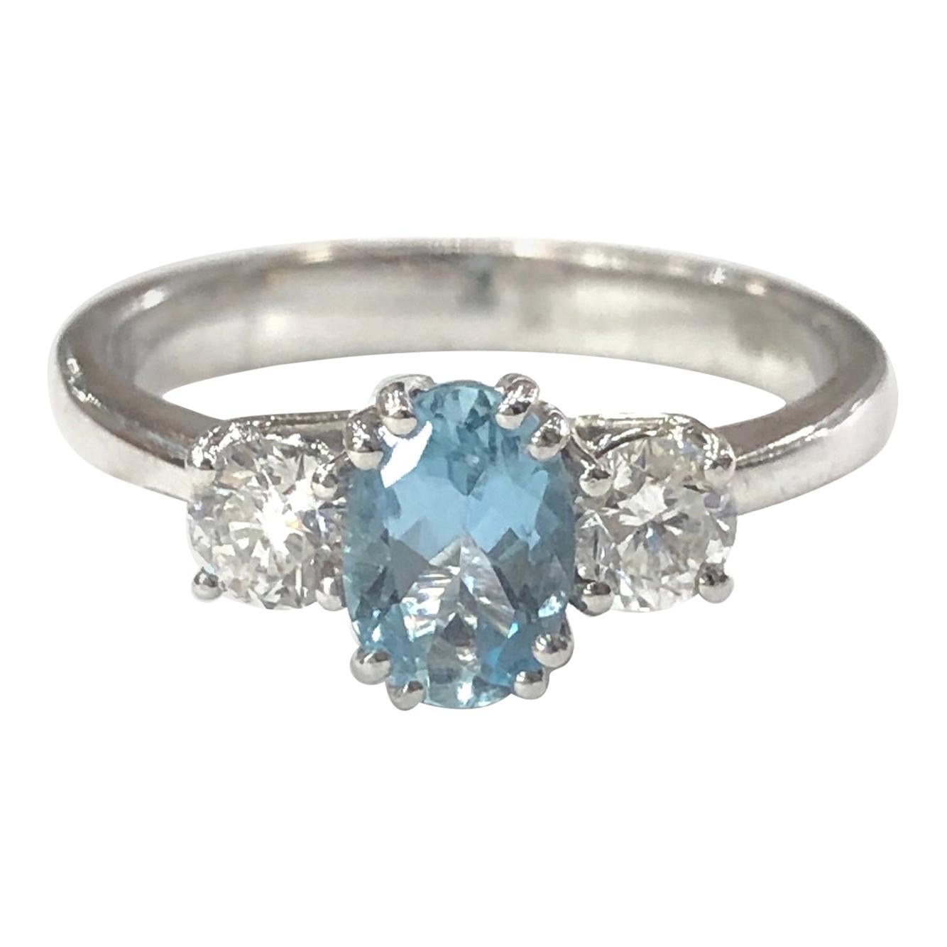 18 Carat White Gold Aquamarine and Diamond Three-Stone Ring For Sale
