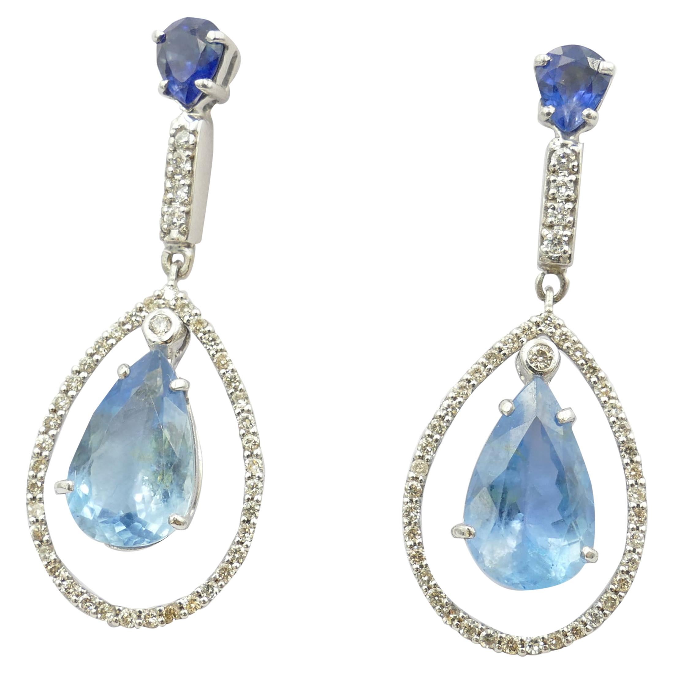 18 Carat White Gold Aquamarine, Blue Sapphire and Diamond Drop Earrings
