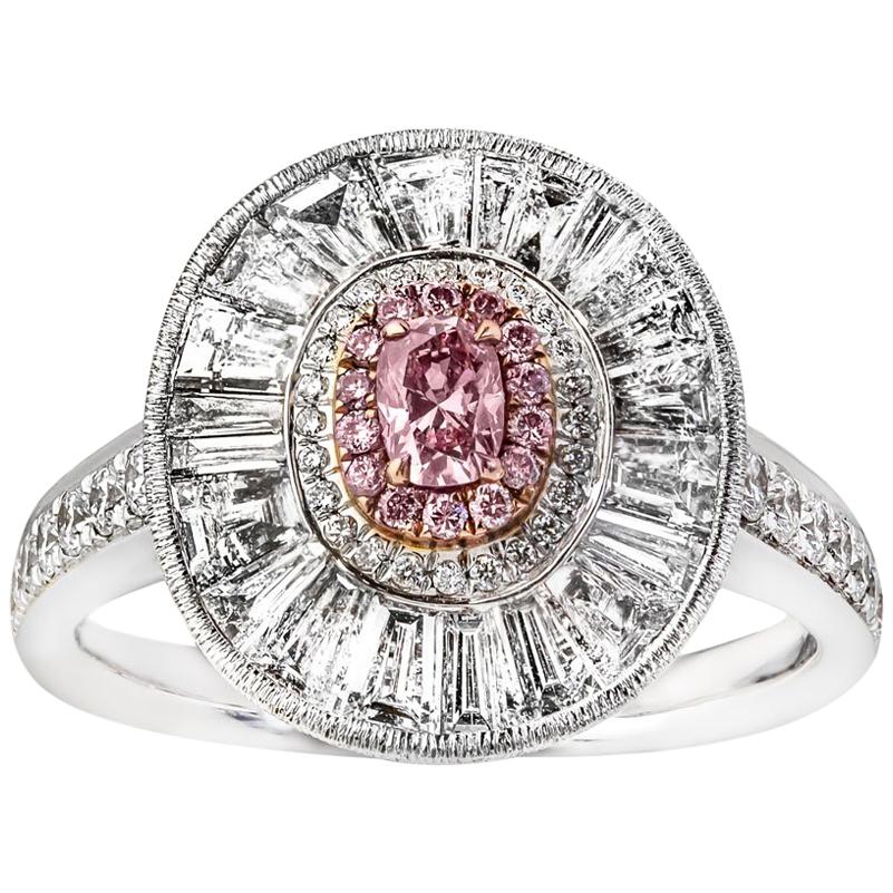 18 Carat White Gold Argyle Pink Diamond, Baguette and Brilliant Cut Diamond Ring