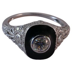 18 Carat White Gold Art Deco Style Black Enamel and Diamond Ring