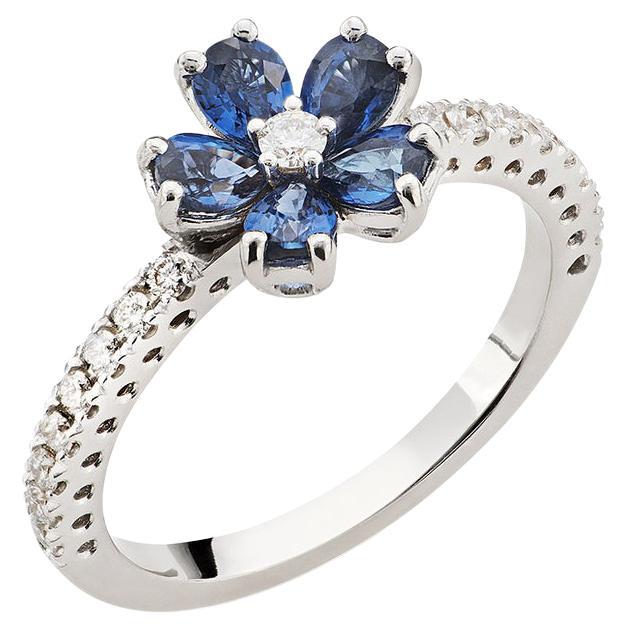 18 Carat White Gold, Blue Sapphire and Diamonds, Ring "Cherry Blossom" For Sale