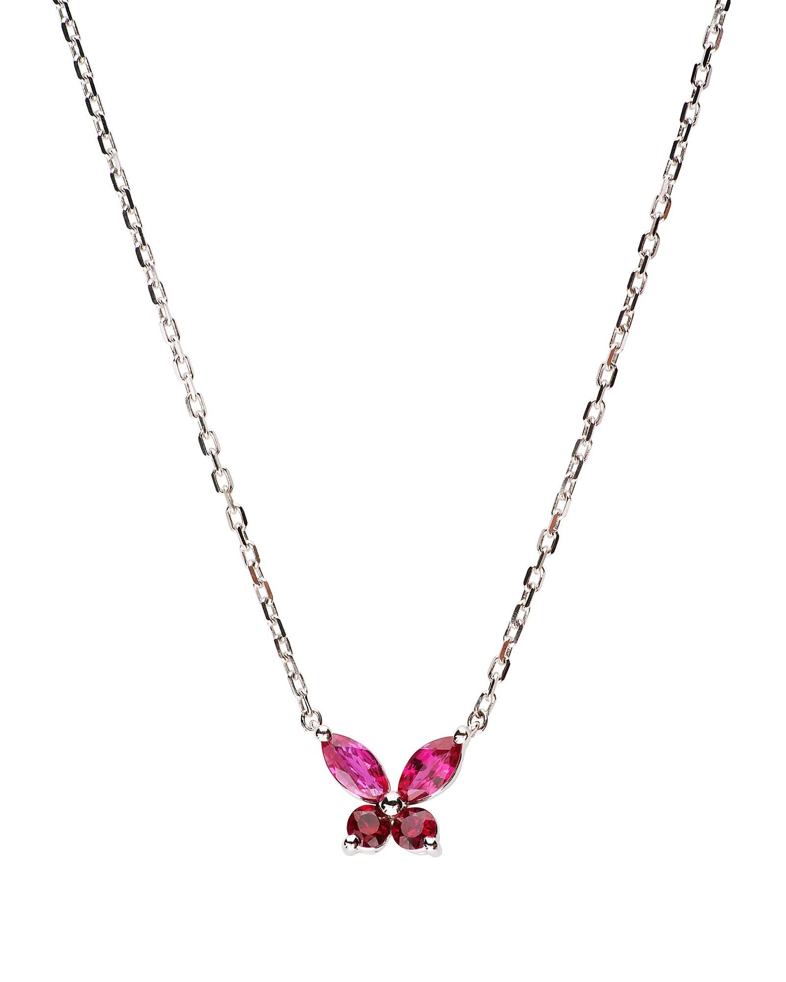 This white gold pendant necklace belongs to the Butterfly collection. Rubies give shape to the butterfly of the pendant, which reveals itself in all its romantic luster.

Characteristics:
• 18 carat white gold
• Ruby 0,81 carats
• Weight 4,12 gr.
•