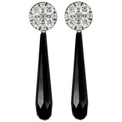 18 Carat White Gold Detachable Grain Set Diamond and Long Onyx Drop Earrings